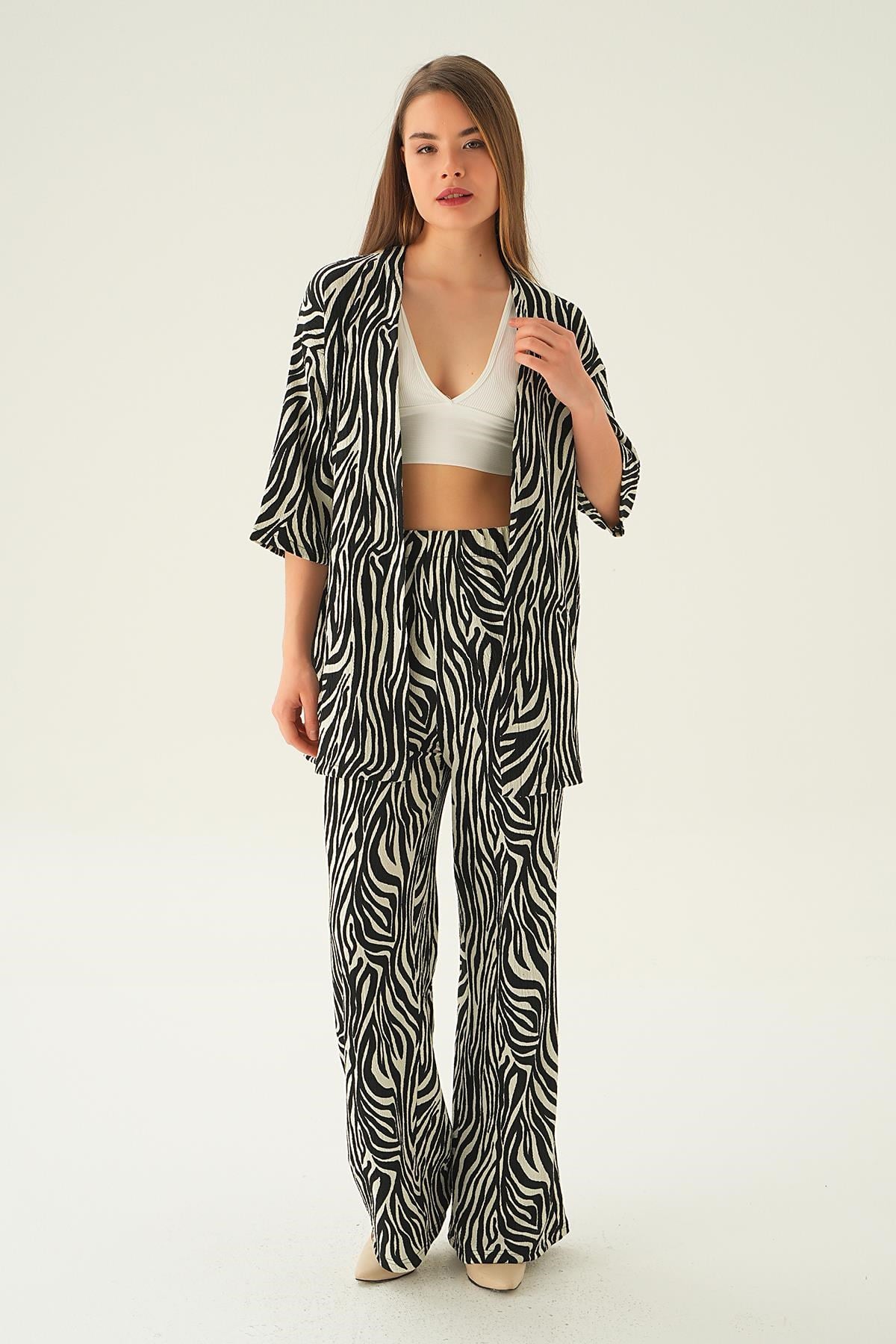 Siyah Zebra Desen Kimono Takım 4118A