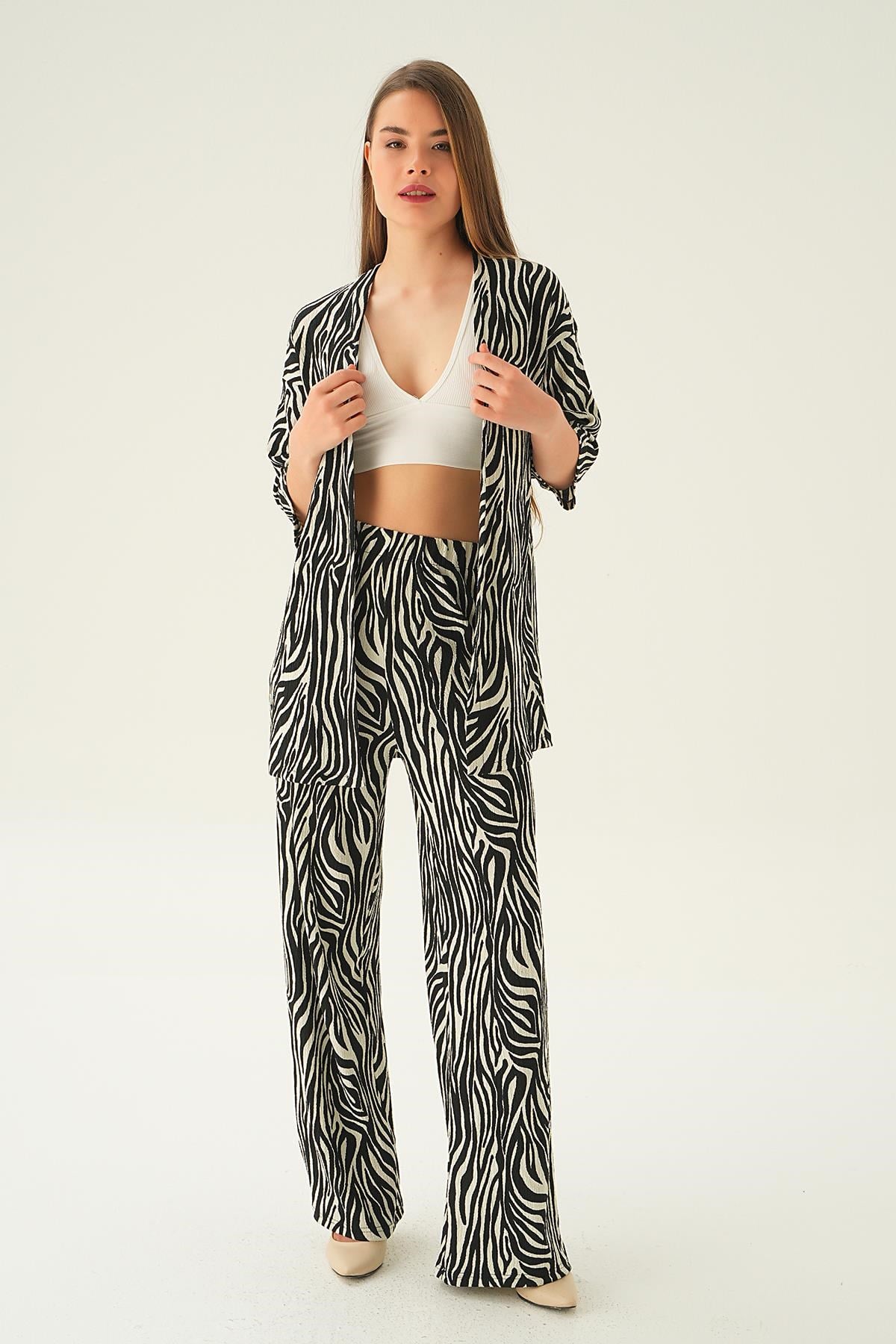 Siyah Zebra Desen Kimono Takım 4118A