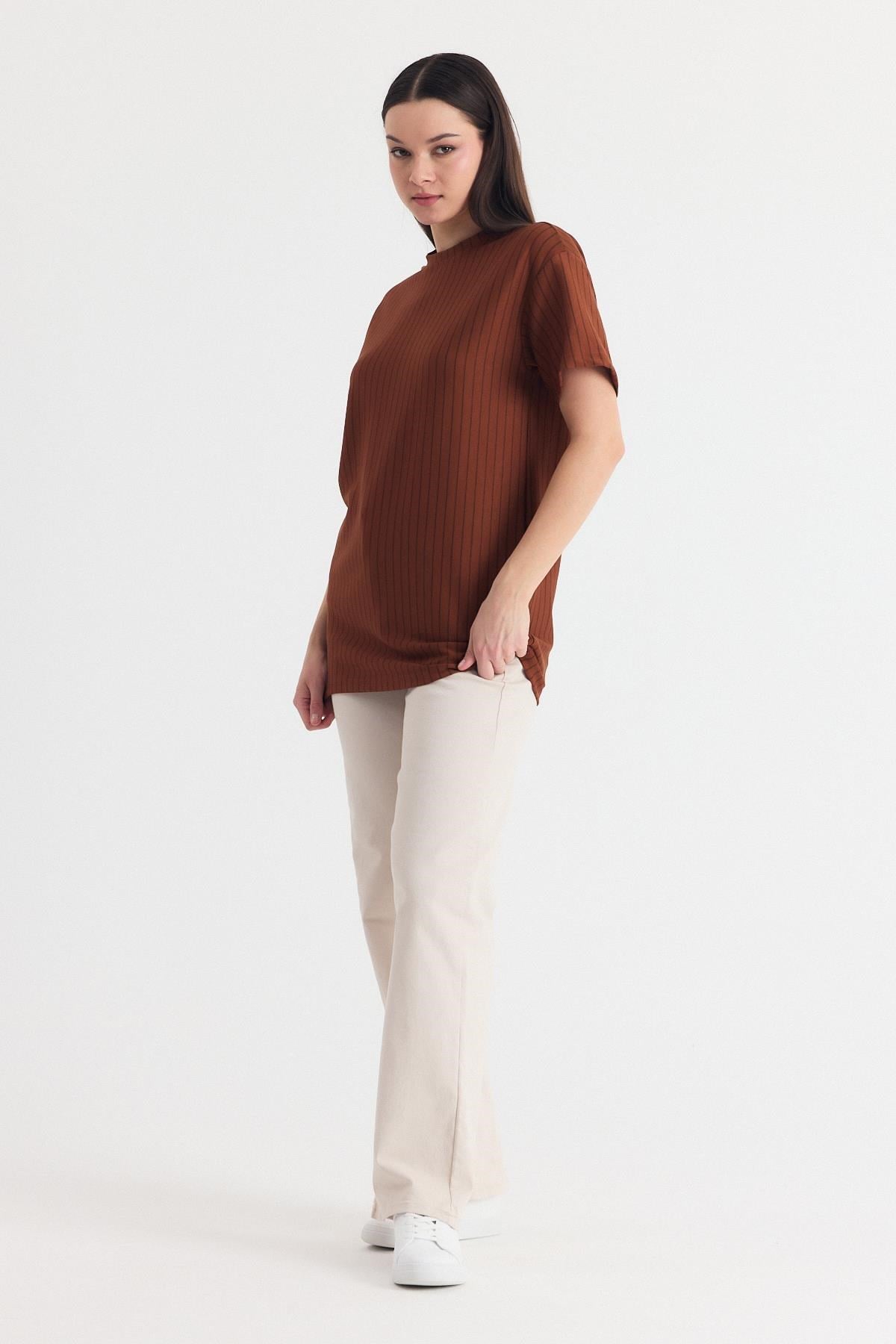 Taba Çizgili Oversize Tişört 4447A