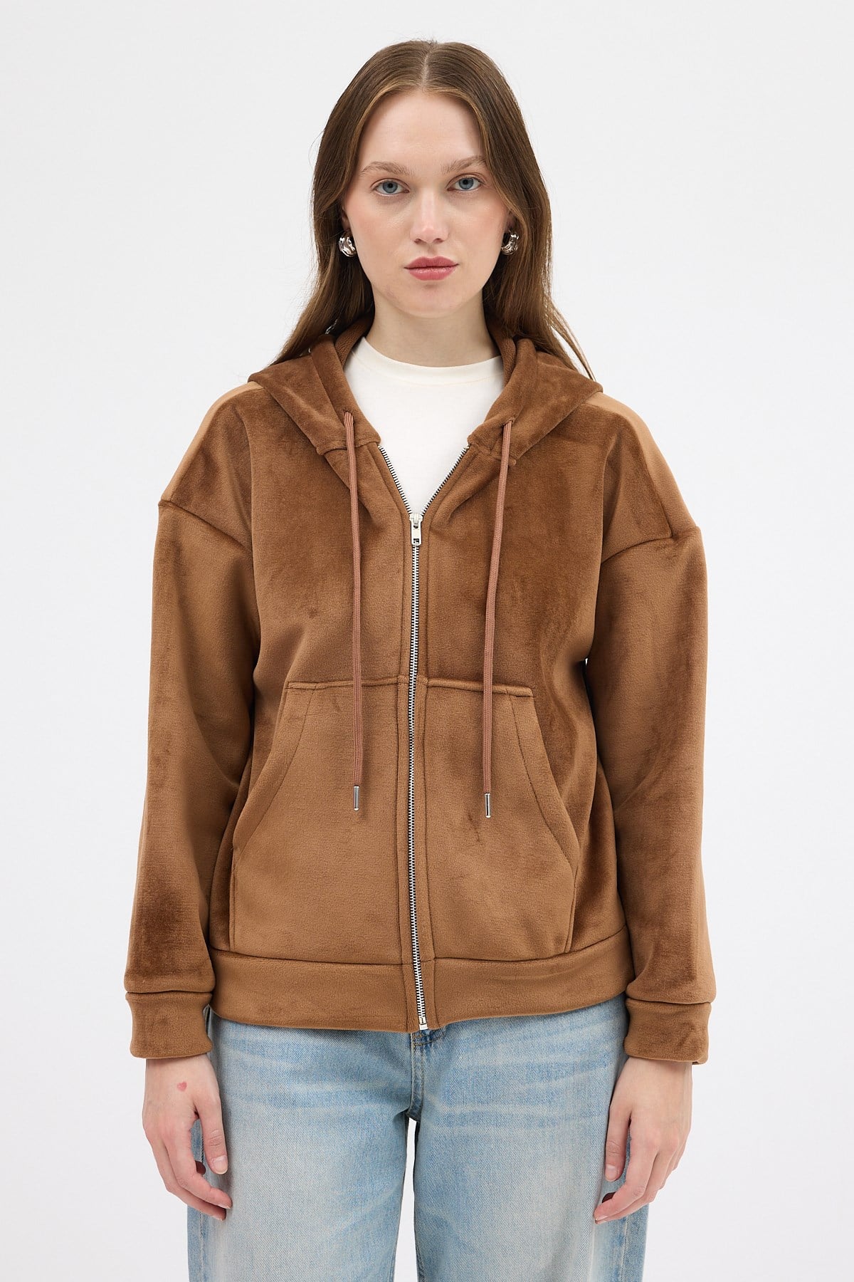 Taba Kadın Fermuarlı Kapüşonlu Sweatshirt 3059A