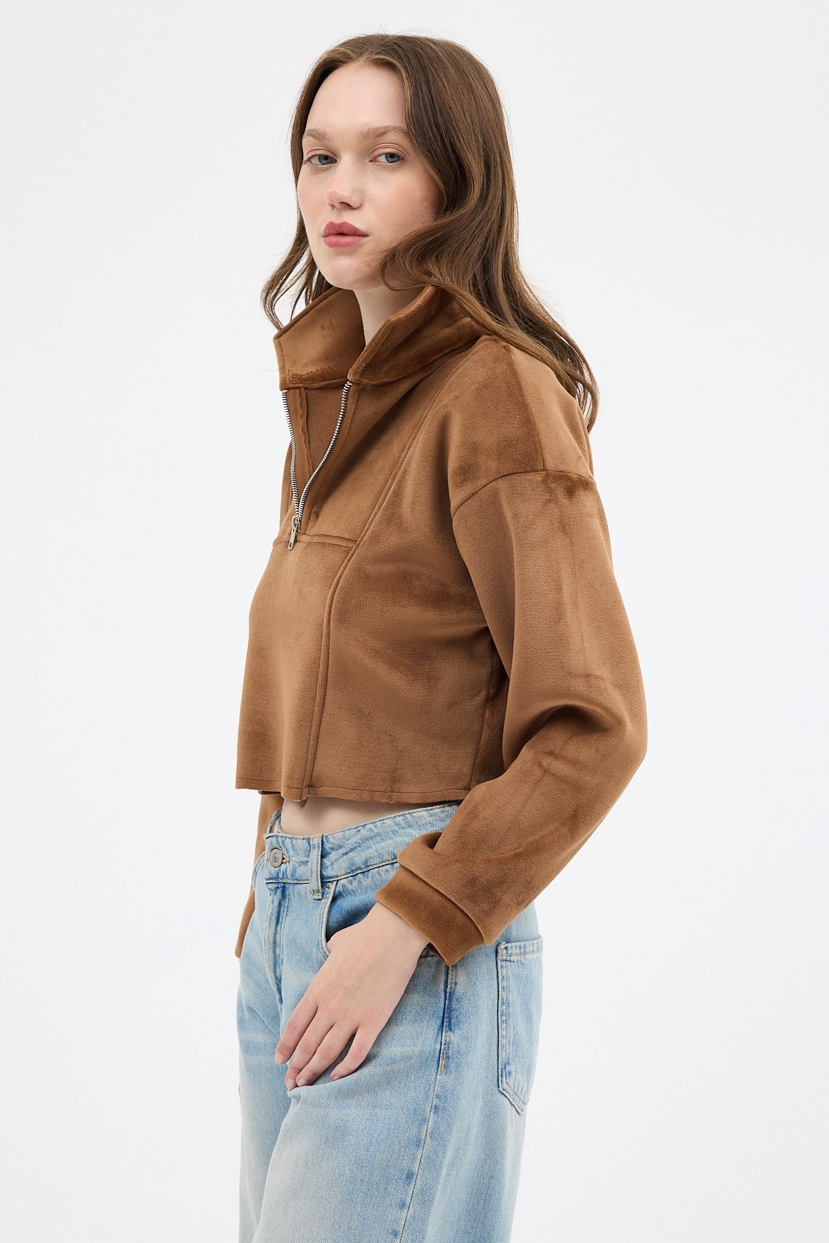 Taba Kadın Peluş Yarım Fermuarlı Crop Sweatshirt 3056A