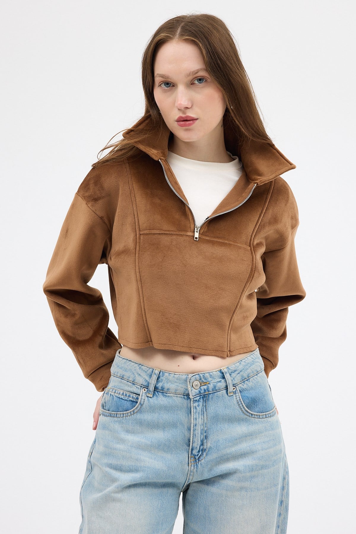 Taba Kadın Peluş Yarım Fermuarlı Crop Sweatshirt 3056A