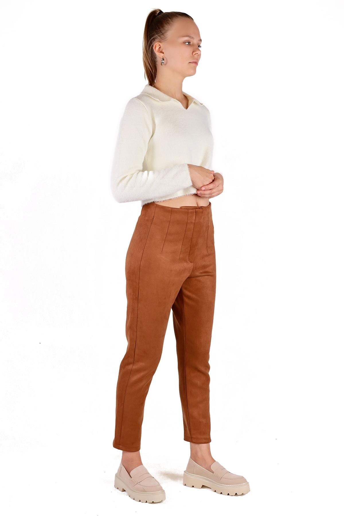 Taba Pens Detay Fermuarlı Süet Pantolon 7348A