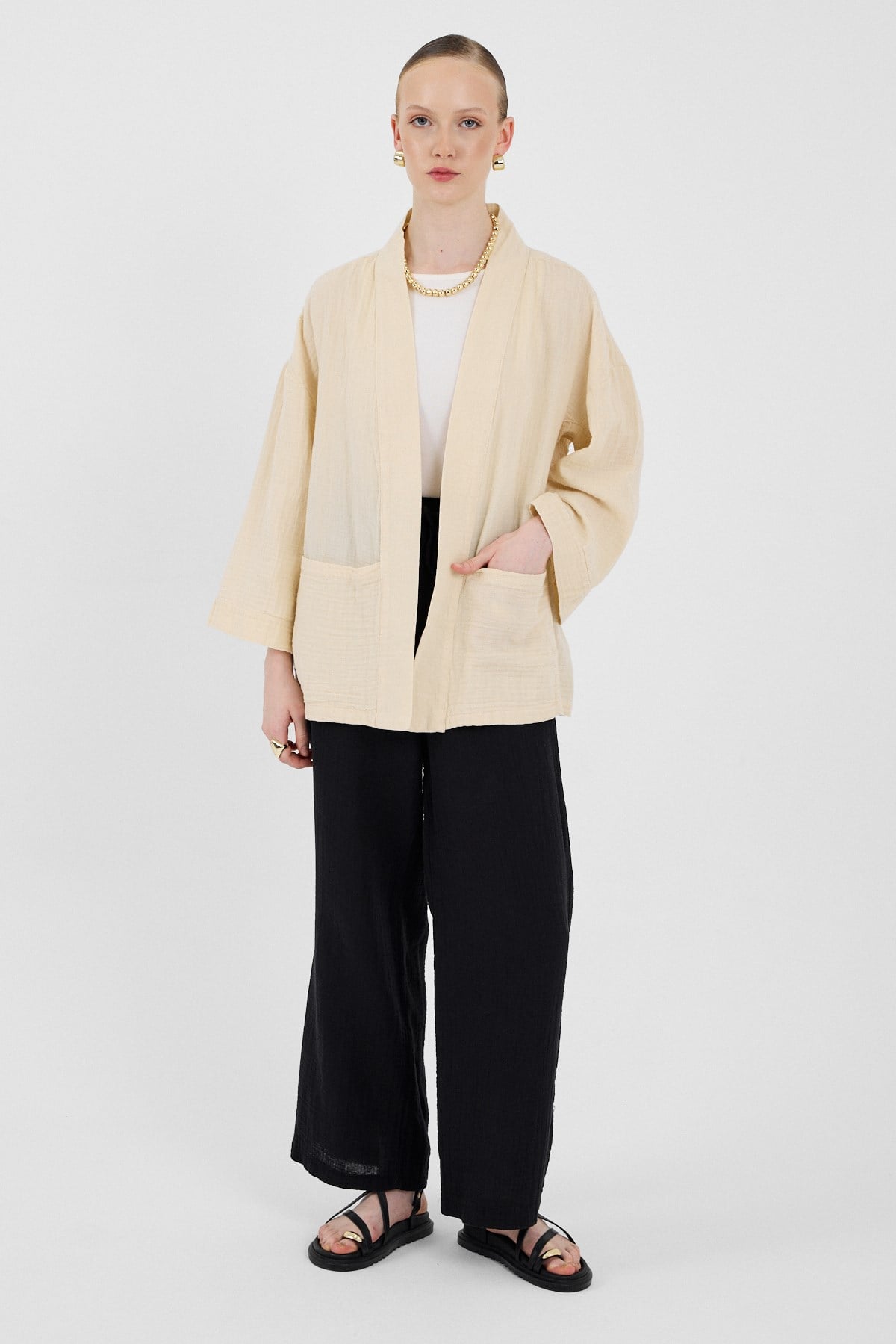 Taş %100 Pamuk Ceplİ Müslin Kimono 8065A