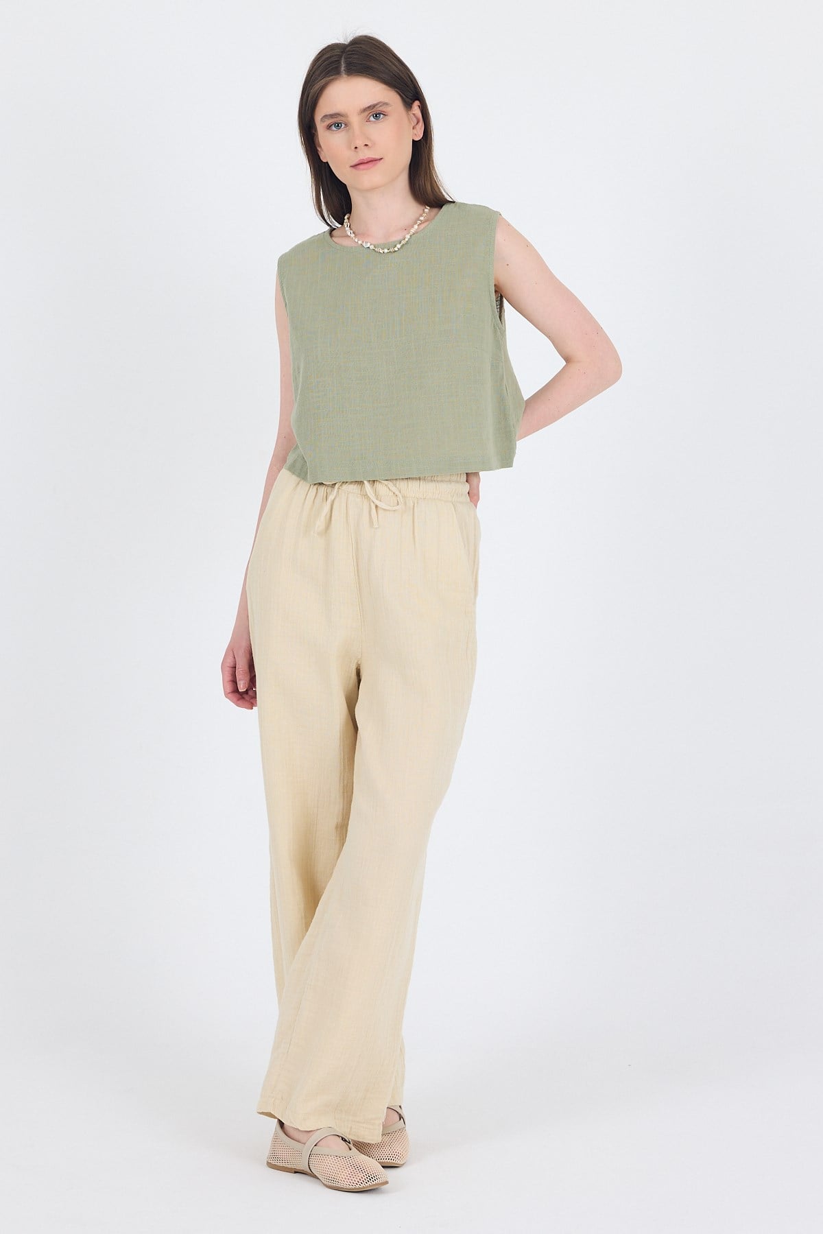 Taş  %100 Pamuk Müslin Palazzo/Bol Paça Pantolon 8056A