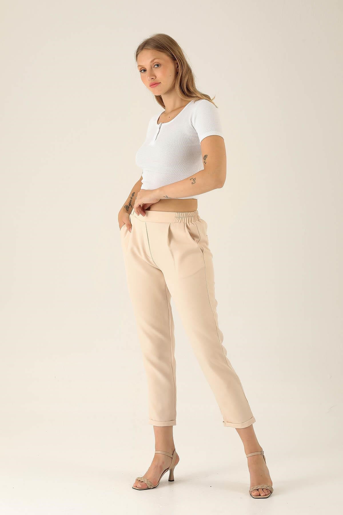Tek Pile Yarım Lastik Bayan Pantolon - 6266A Taş