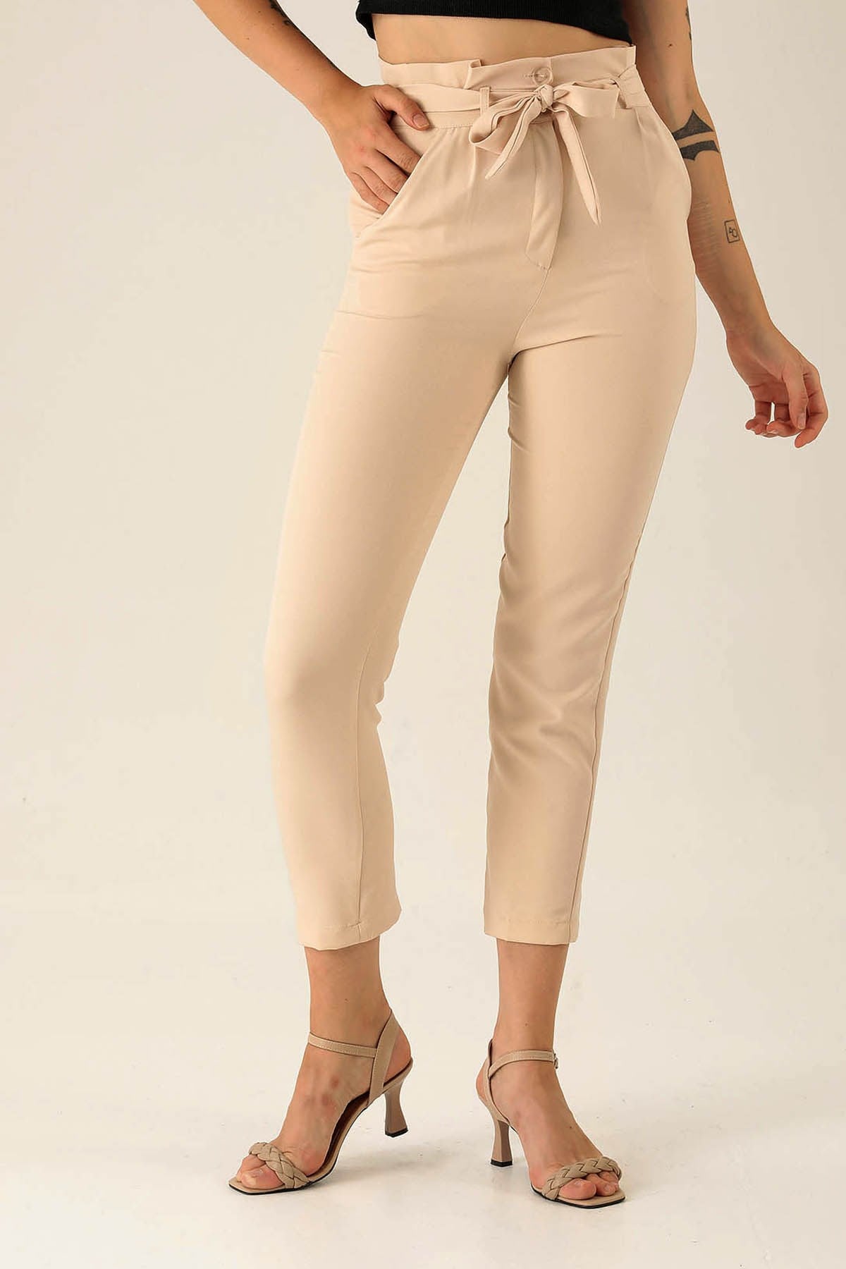 Tek Pile Yarım Lastik Bayan Pantolon - 6266A Taş