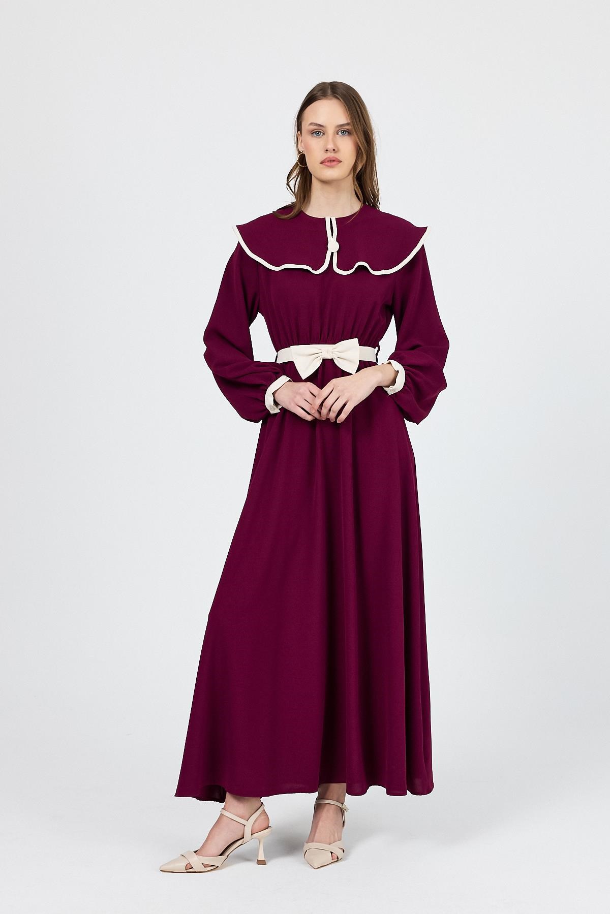 Tesettür Elbise-Bordo Biye Detaylı Bebe Yaka Elbise 4413A-rulem