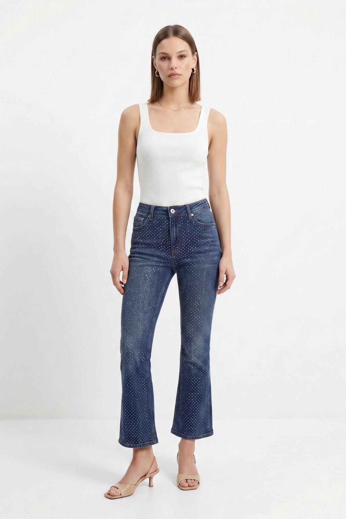 Tint Kahve Yüksek Bel Taşlı Jean 3047