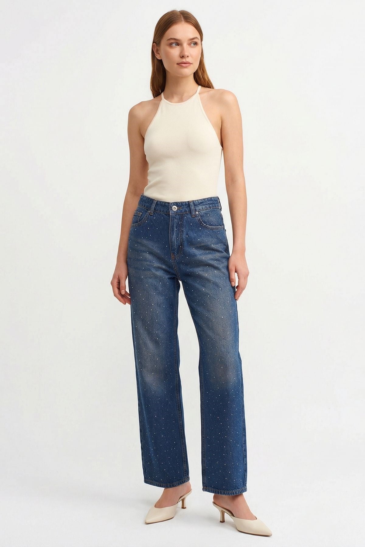 Tint Kahve Yüksek Bel Taşlı Jean 520