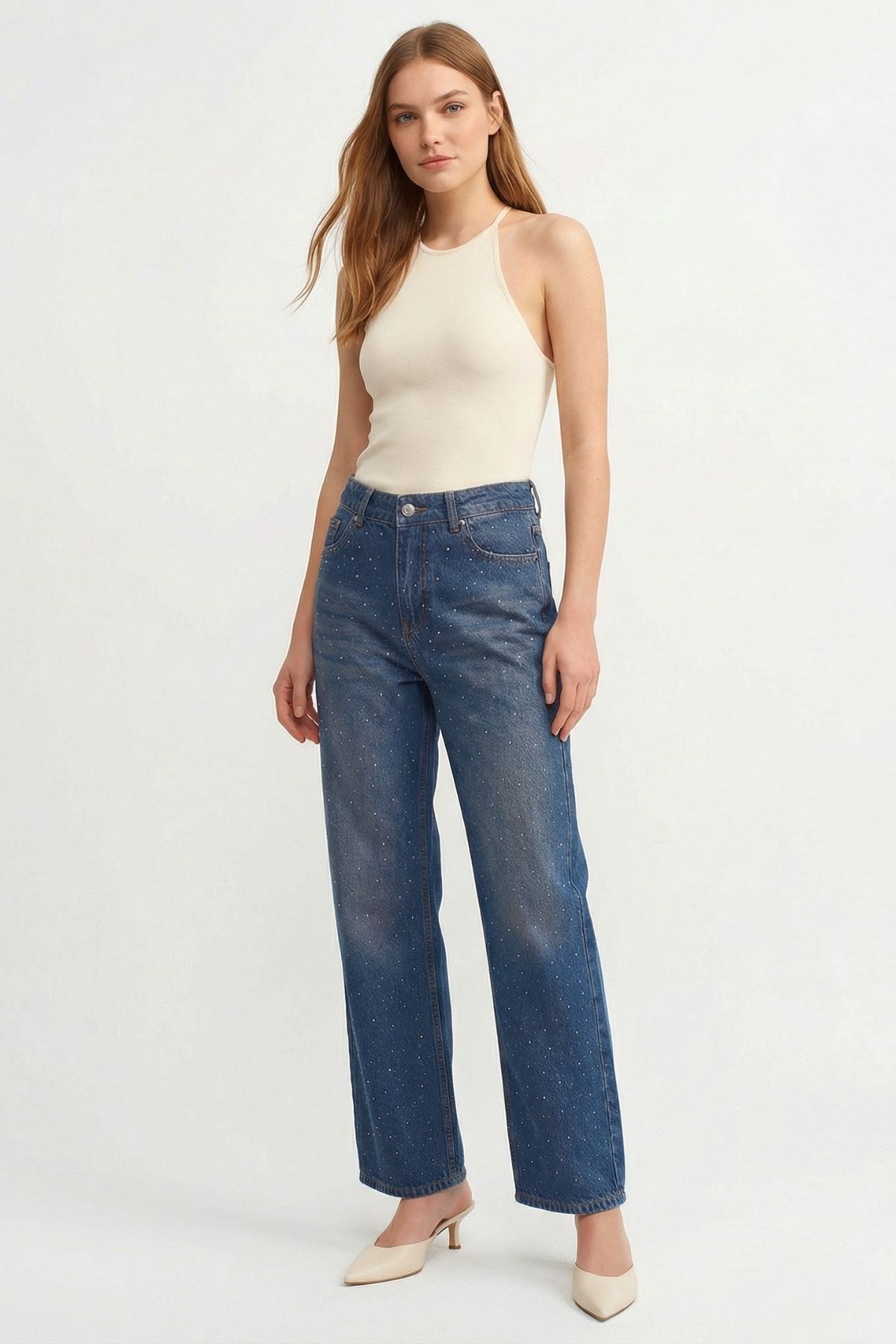 Tint Kahve Yüksek Bel Taşlı Jean 520
