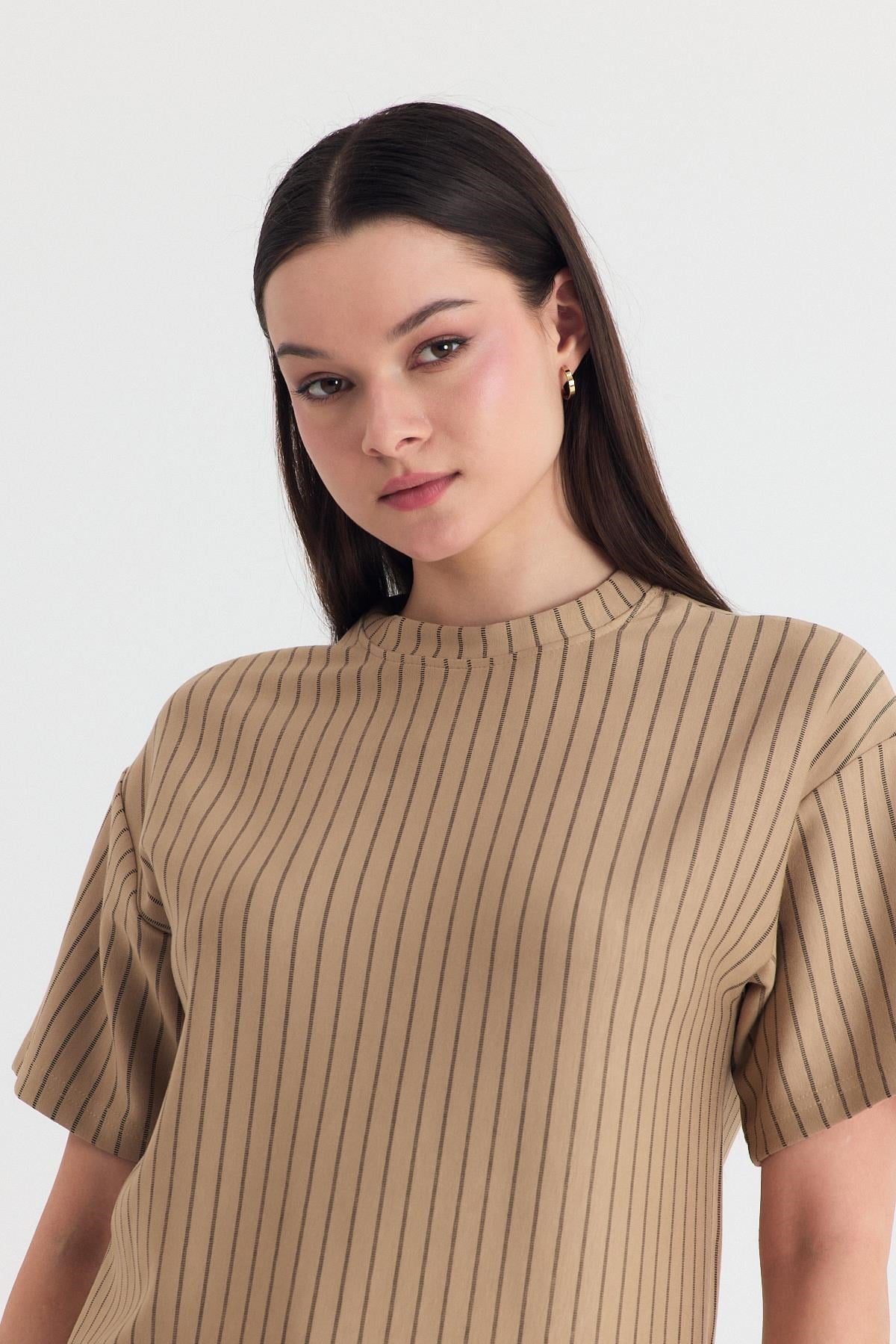 Vizon Çizgili Oversize Tişört 4447A