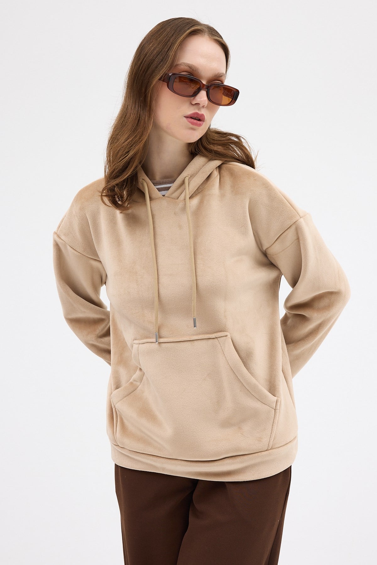 Vizon Kadın Peluş Kanguru Cepli Kapüşonlu Sweatshirt 3061A