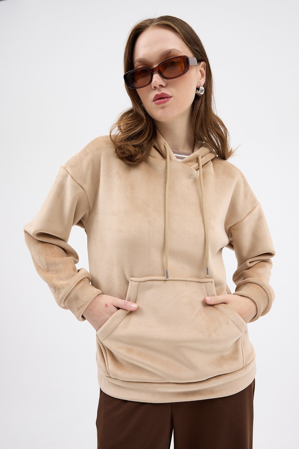 Vizon Kadın Peluş Kanguru Cepli Kapüşonlu Sweatshirt 3061A