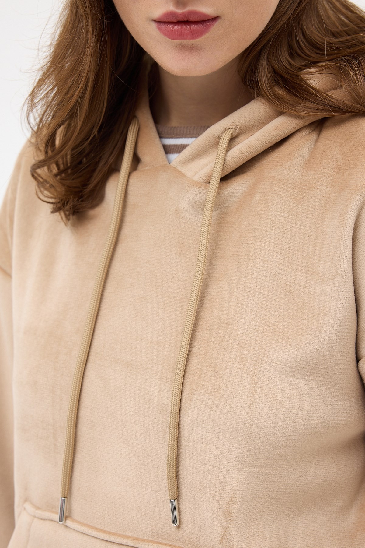 Vizon Kadın Peluş Kanguru Cepli Kapüşonlu Sweatshirt 3061A