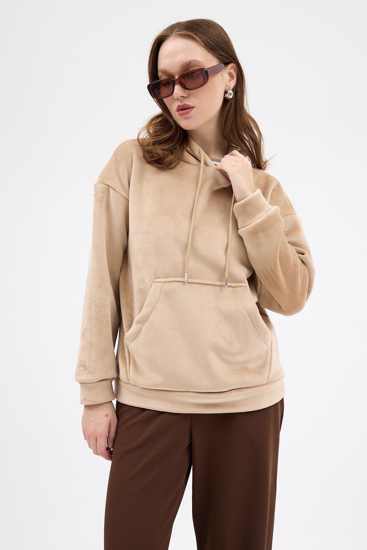 Vizon Kadın Peluş Kanguru Cepli Kapüşonlu Sweatshirt 3061A