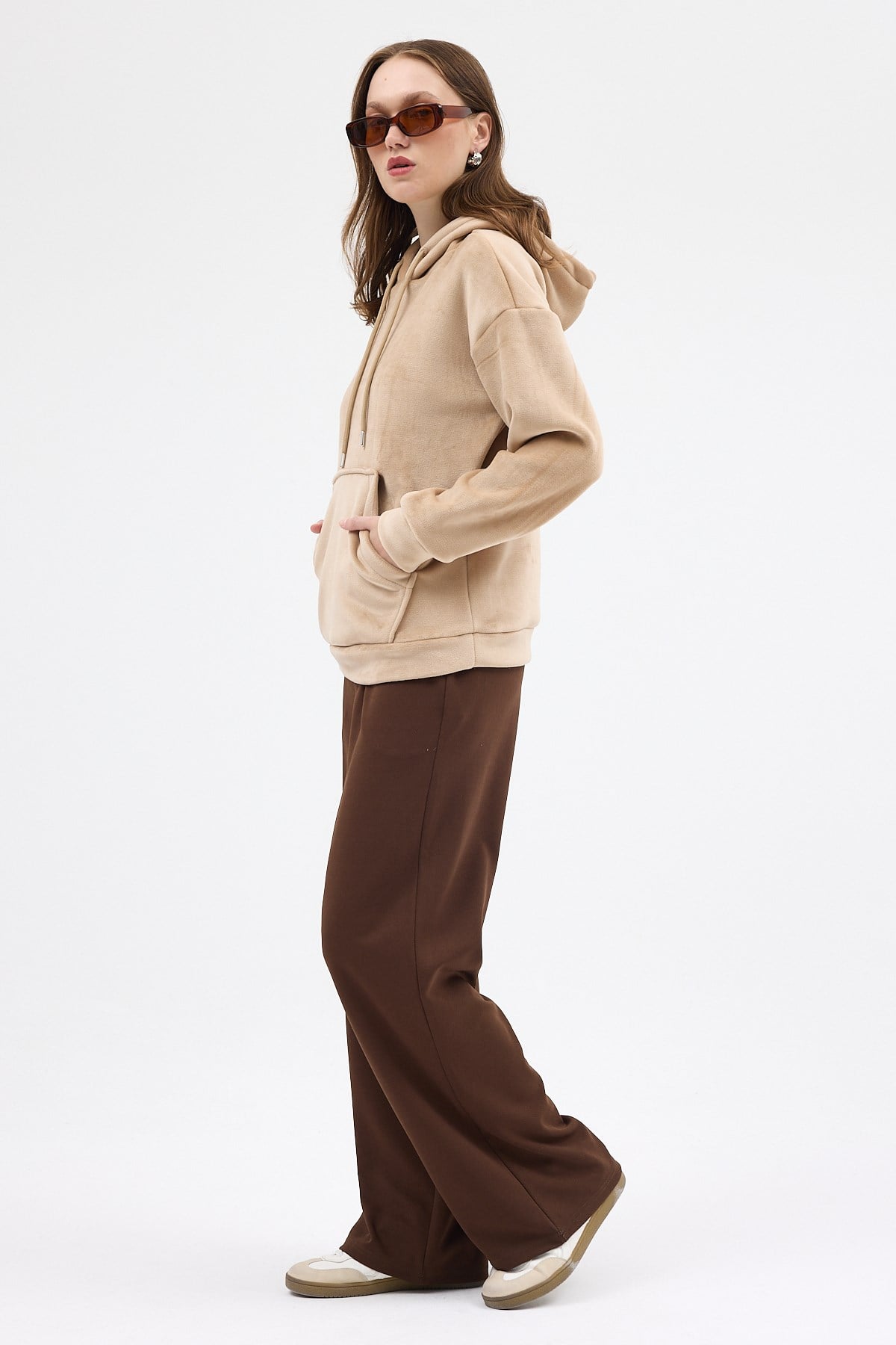 Vizon Kadın Peluş Kanguru Cepli Kapüşonlu Sweatshirt 3061A