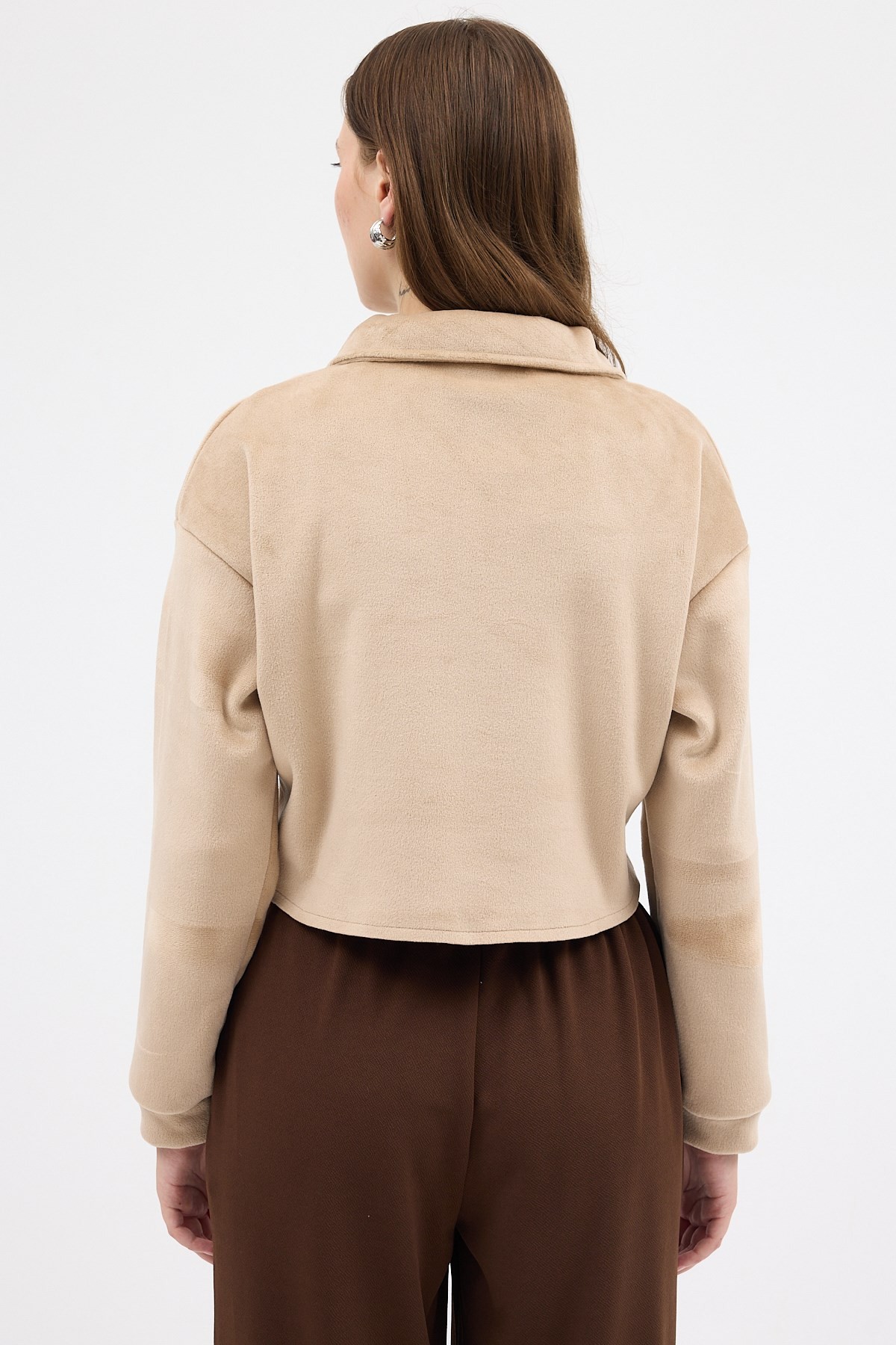 Vizon Kadın Peluş Yarım Fermuarlı Crop Sweatshirt 3056A