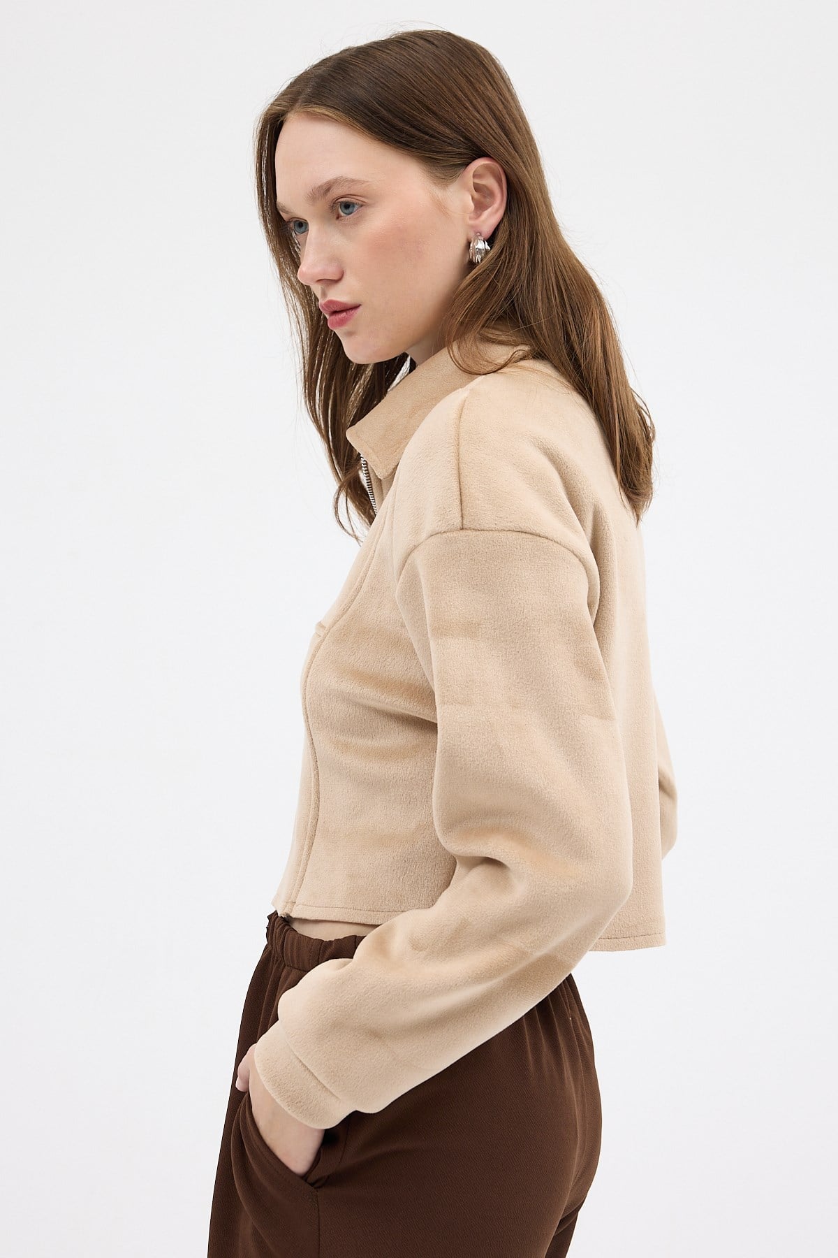 Vizon Kadın Peluş Yarım Fermuarlı Crop Sweatshirt 3056A