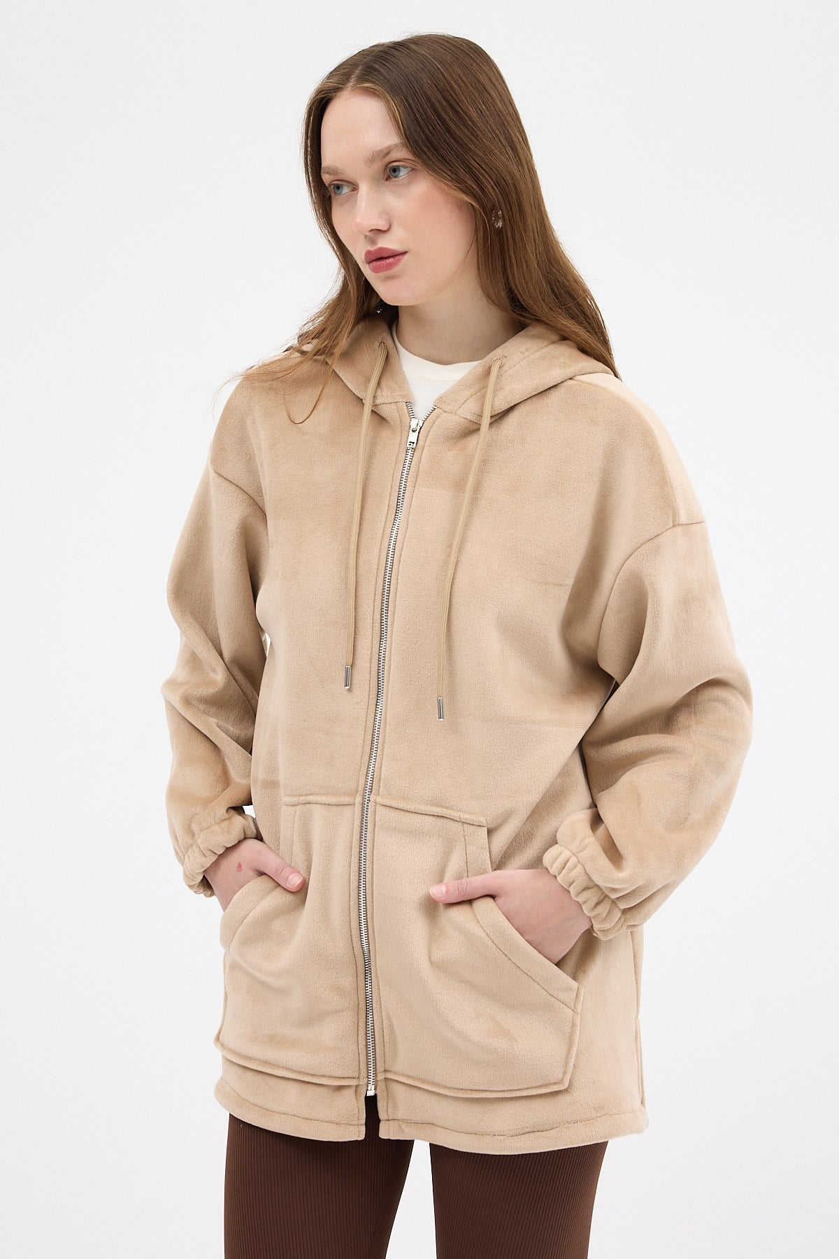 Vizon Peluş Fermuarlı Kapüşonlu Kadın Sweatshirt 3057A
