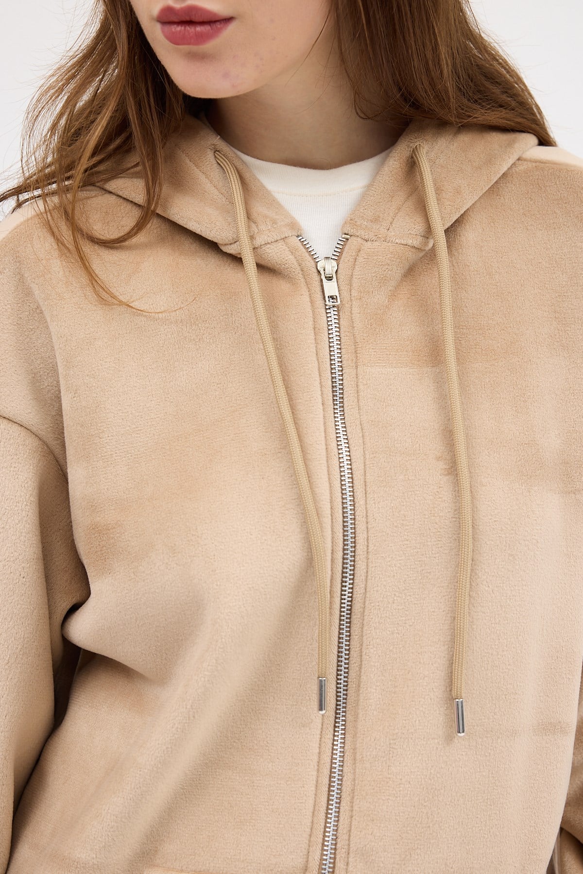 Vizon Peluş Fermuarlı Kapüşonlu Kadın Sweatshirt 3057A