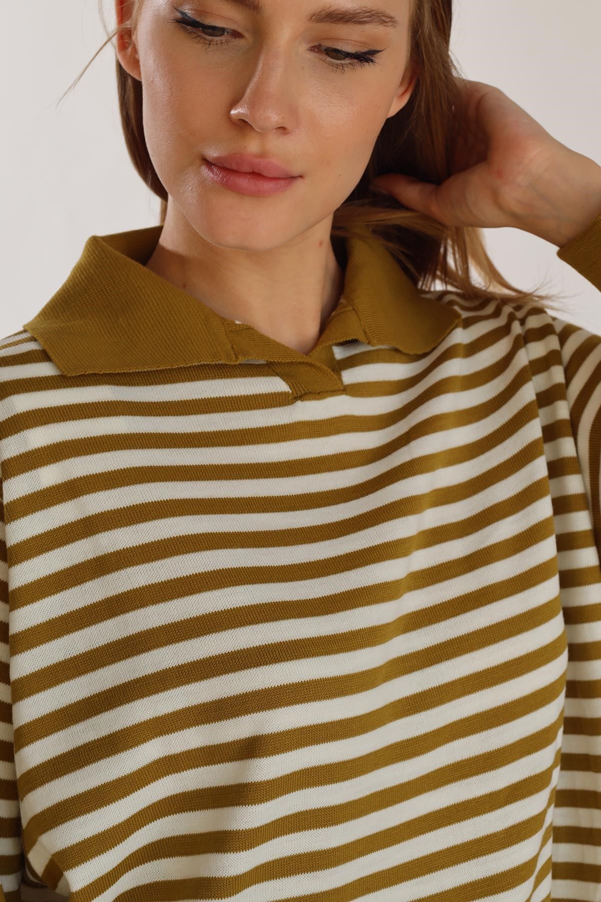 Yağ Yeşili İnce Çizgi Polo Yaka Tunik 5345