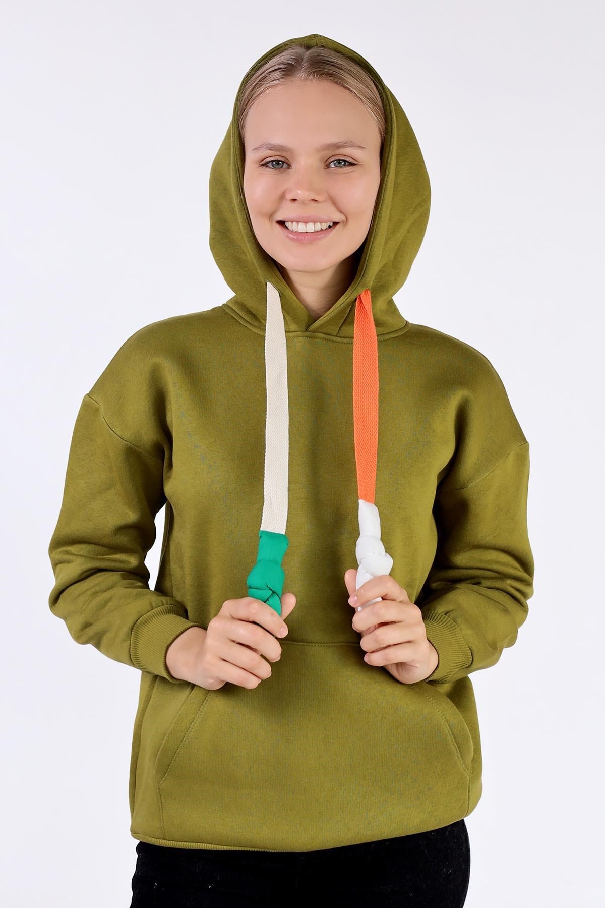 Yağ Yeşili Renkli İpli Kapüşonlu Sweat 9173M