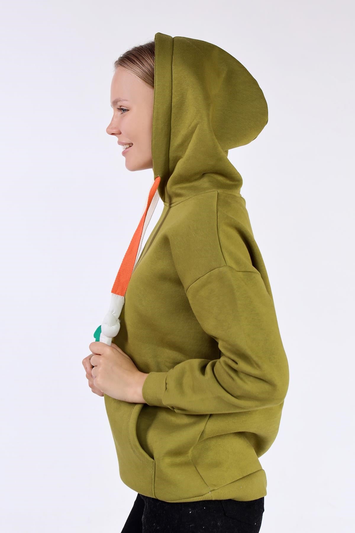 Yağ Yeşili Renkli İpli Kapüşonlu Sweat 9173M