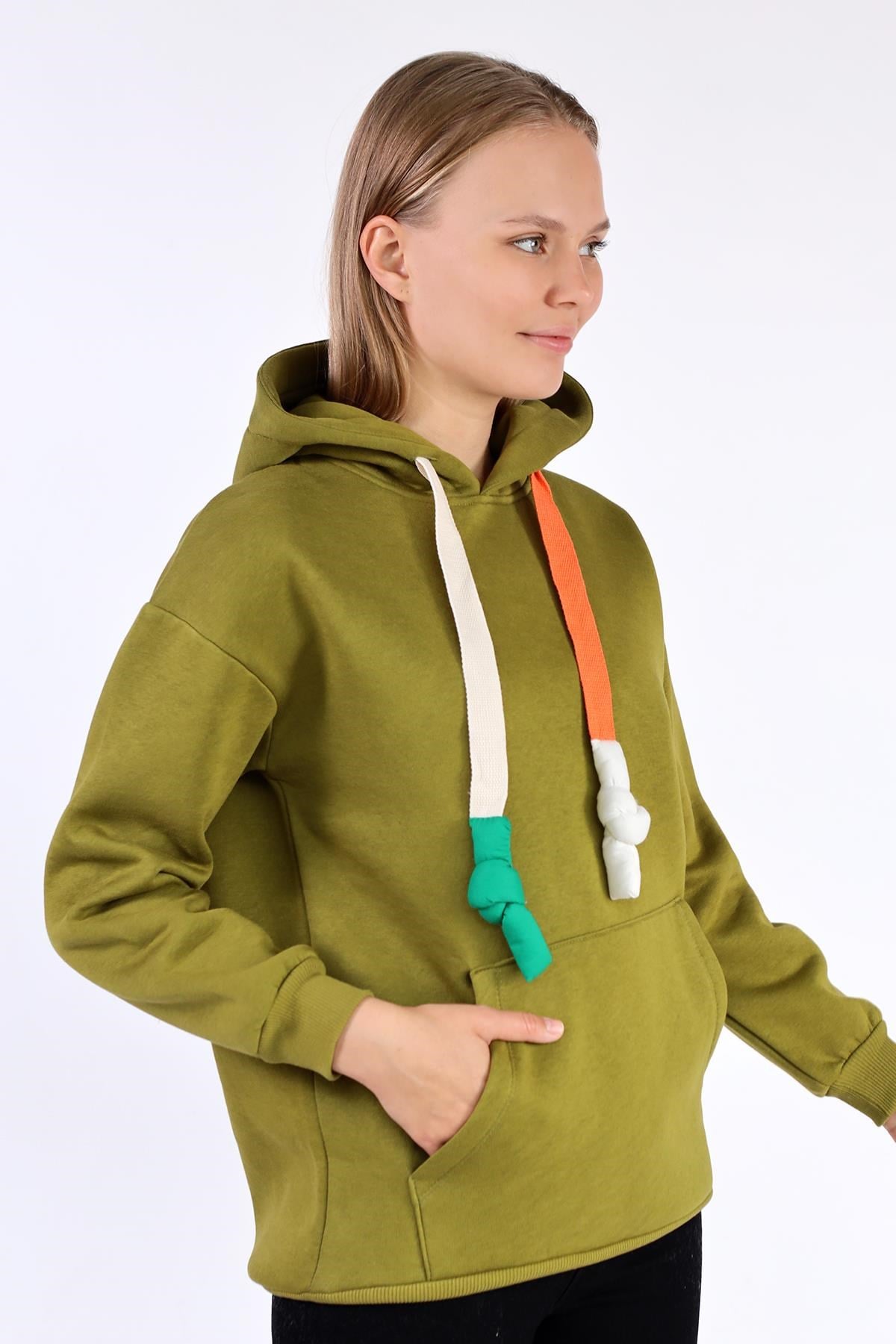 Yağ Yeşili Renkli İpli Kapüşonlu Sweat 9173M