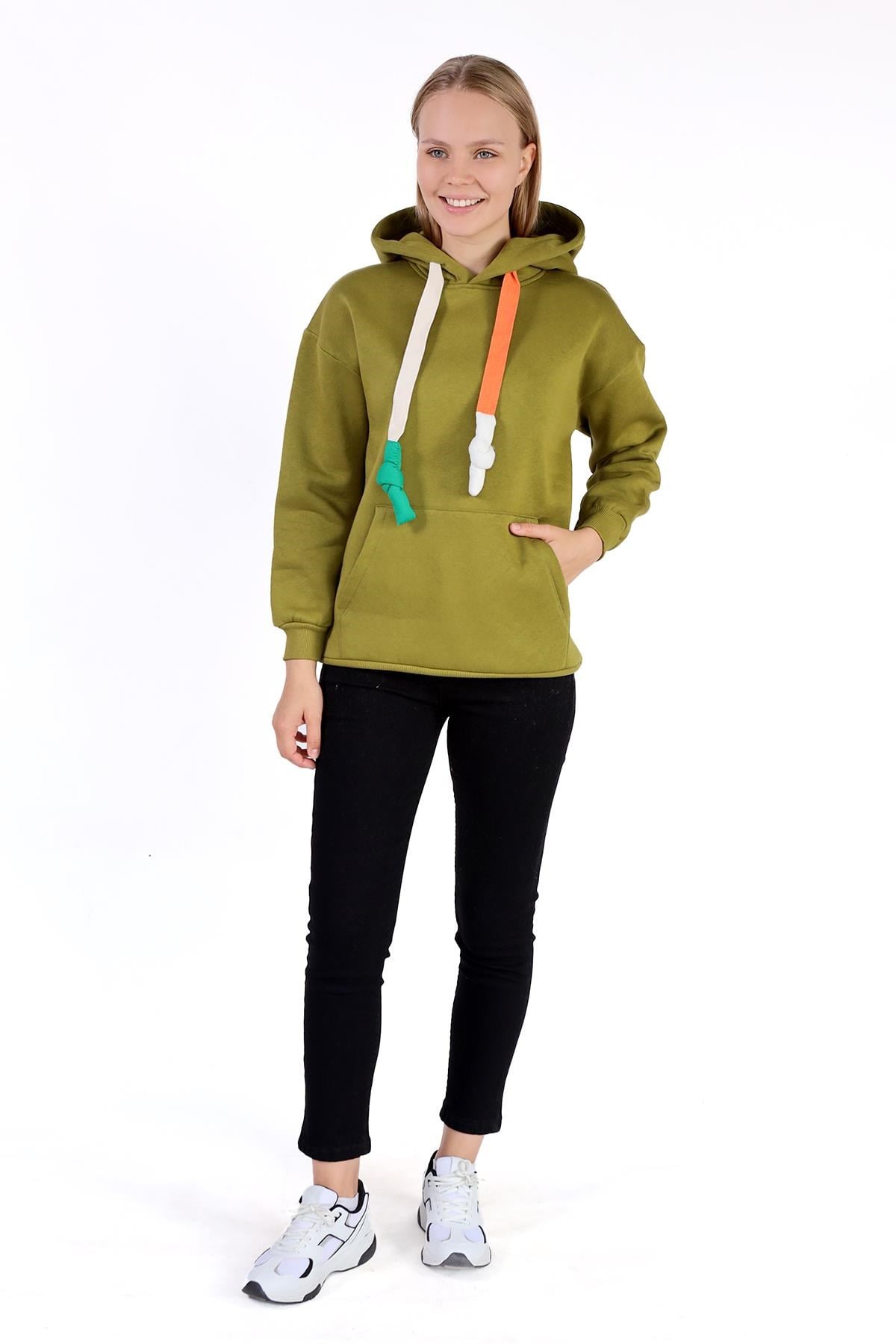Yağ Yeşili Renkli İpli Kapüşonlu Sweat 9173M