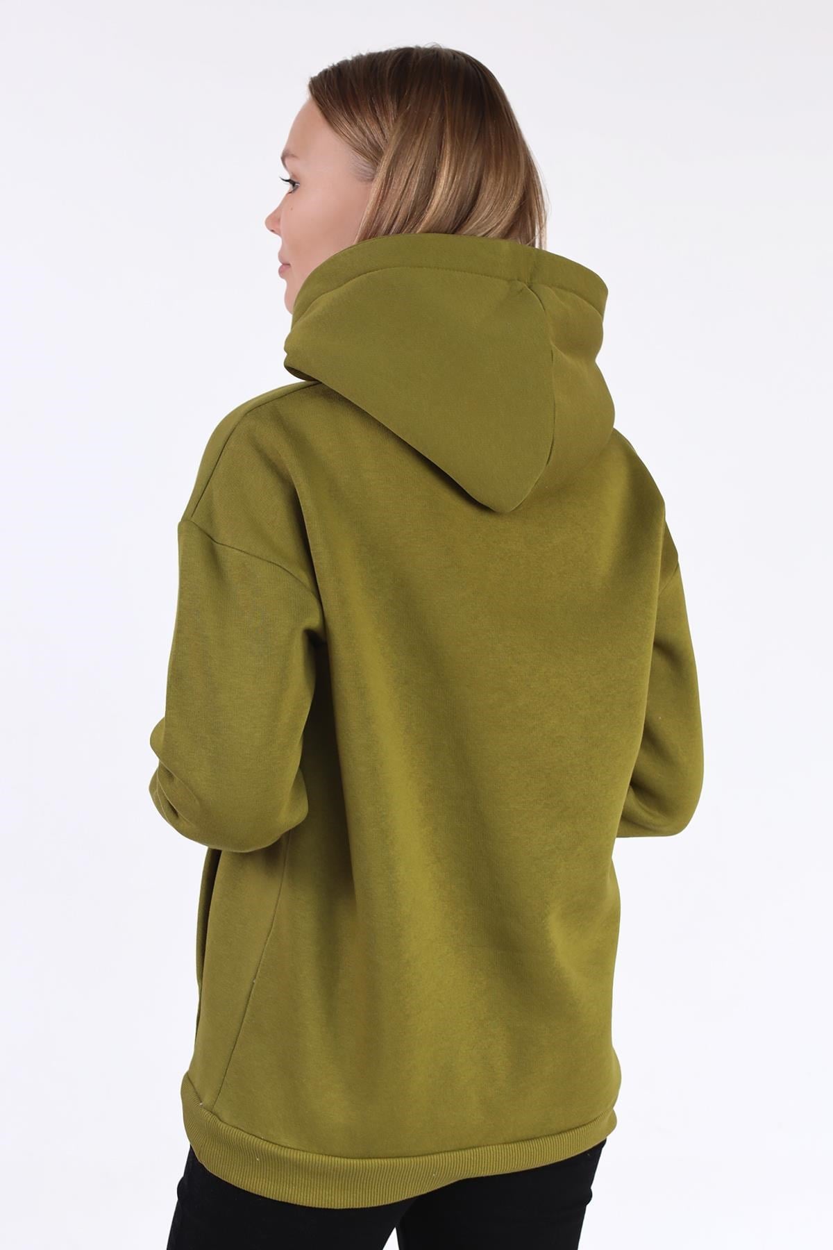 Yağ Yeşili Renkli İpli Kapüşonlu Sweat 9173M
