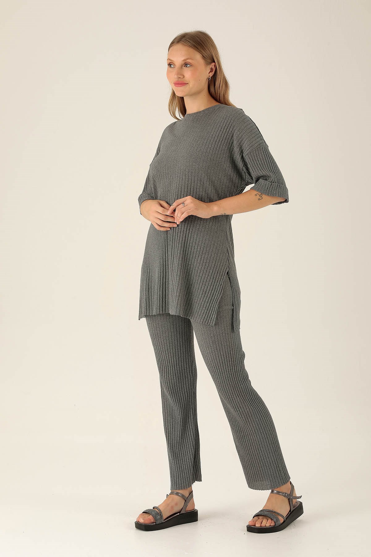 Yan Yırtmac Tişört-Bayan Pantolon Takım - 538 Koyu Gri