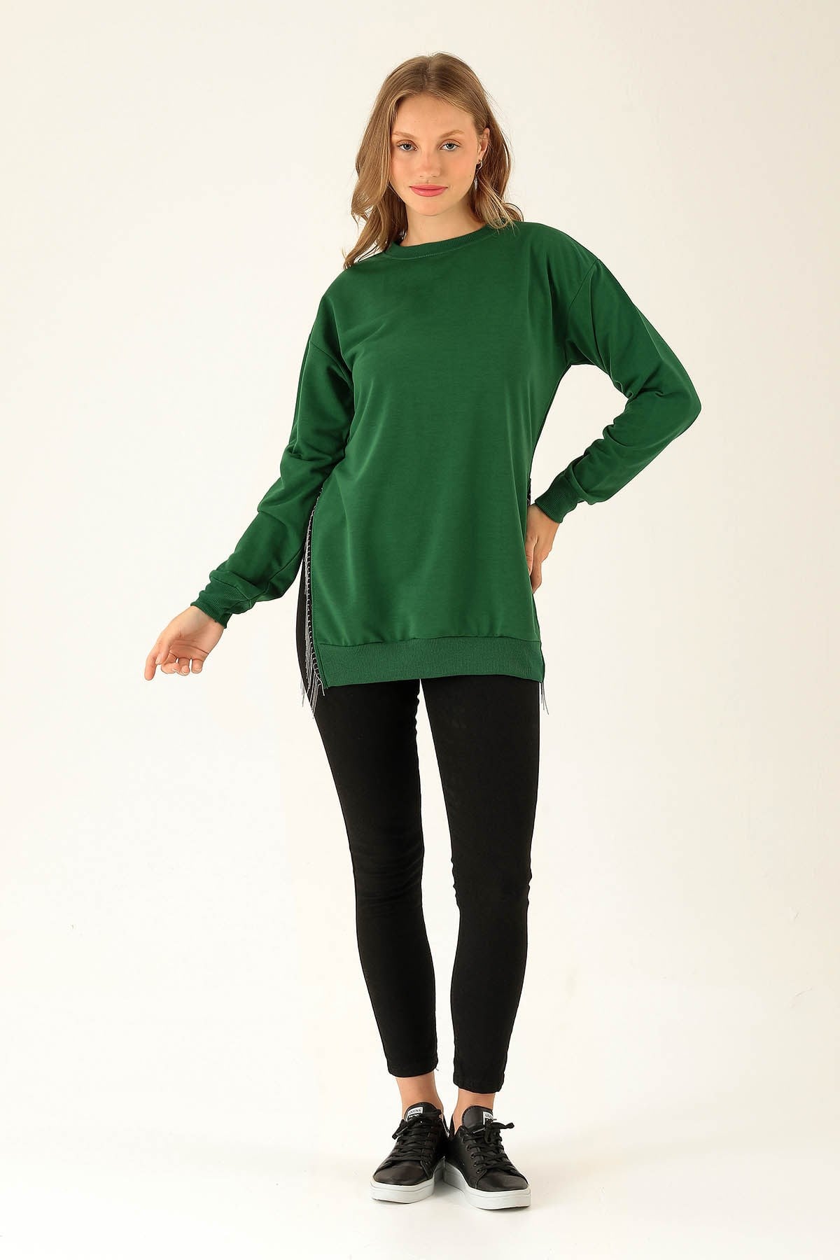 Yan Yırtmaç Zincirli Bayan Sweat - 0011 Benetton Yeşili
