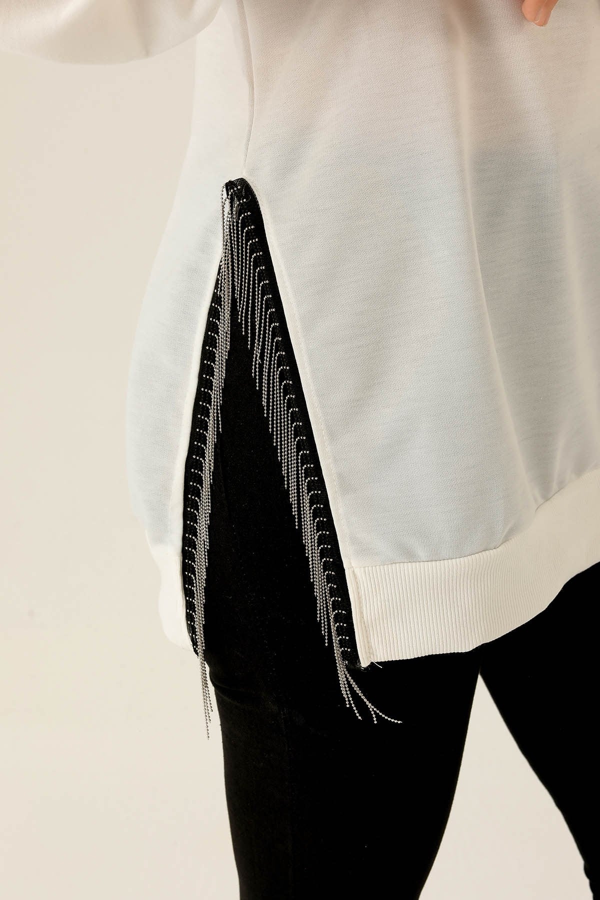Yan Yırtmaç Zincirli Bayan Sweat - 0011 Ekru