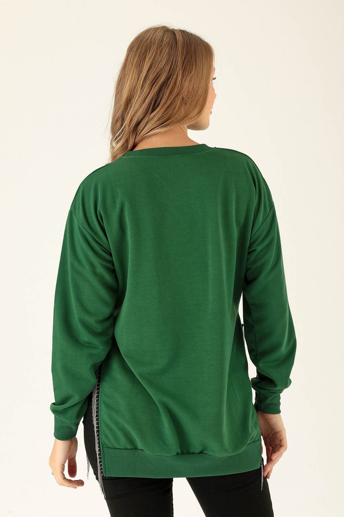 Yan Yırtmaç Zincirli Bayan Sweat - 0011 Benetton Yeşili
