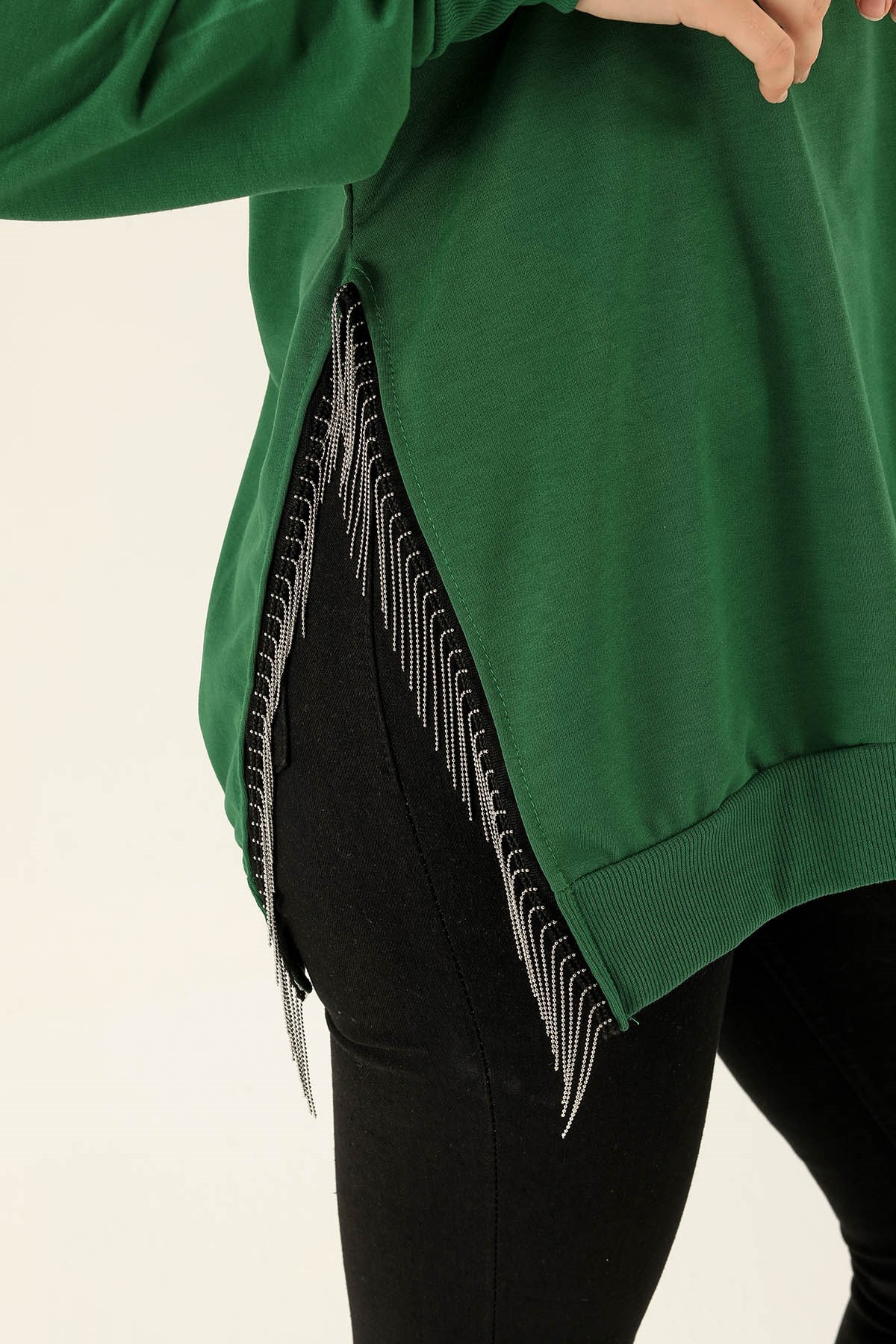 Yan Yırtmaç Zincirli Bayan Sweat - 0011 Benetton Yeşili