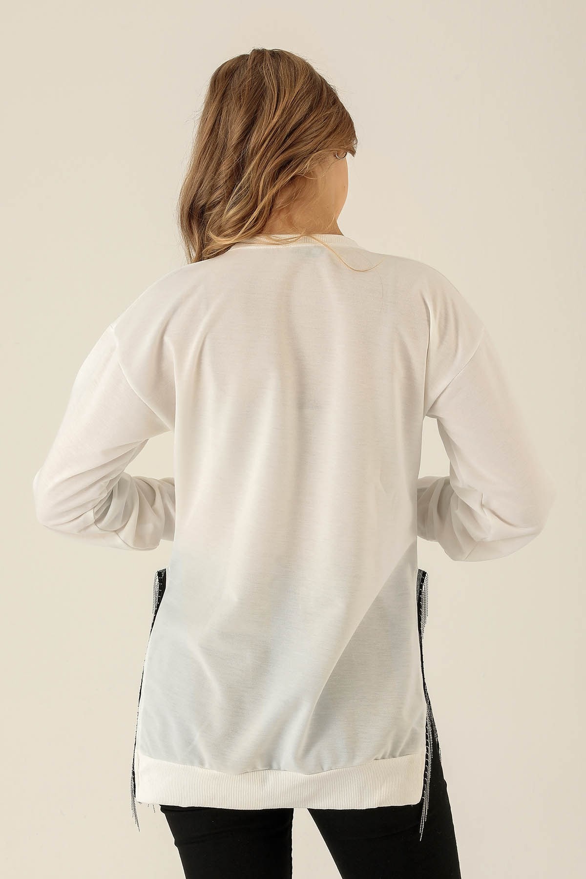 Yan Yırtmaç Zincirli Bayan Sweat - 0011 Ekru