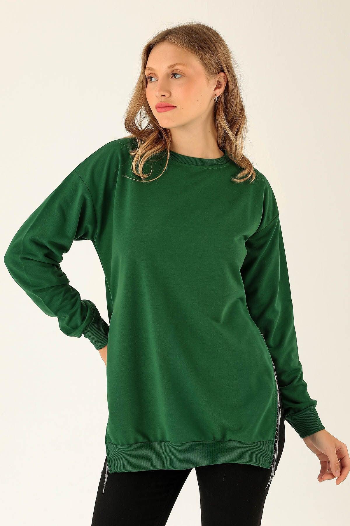 Yan Yırtmaç Zincirli Bayan Sweat - 0011 Benetton Yeşili