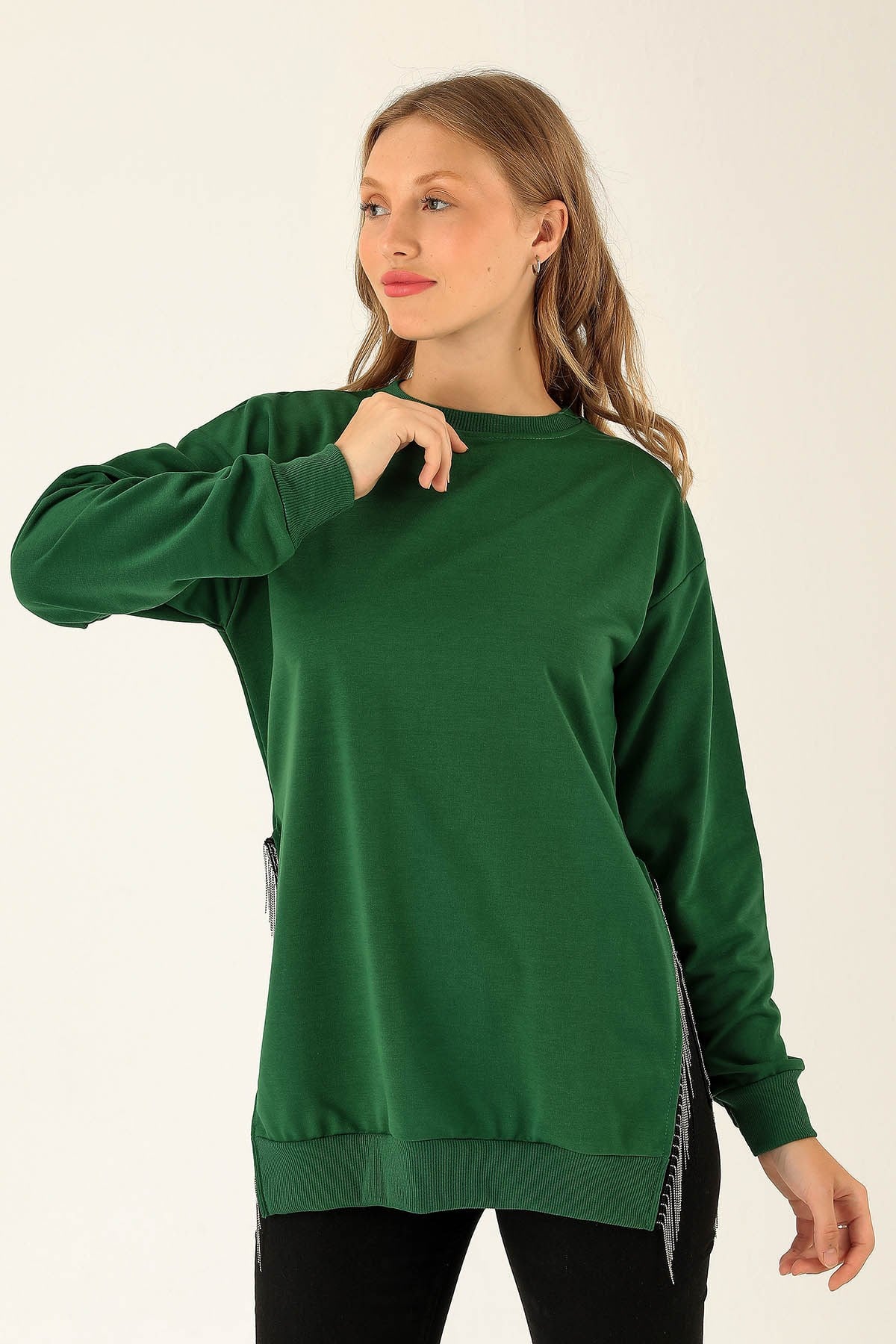 Yan Yırtmaç Zincirli Bayan Sweat - 0011 Benetton Yeşili