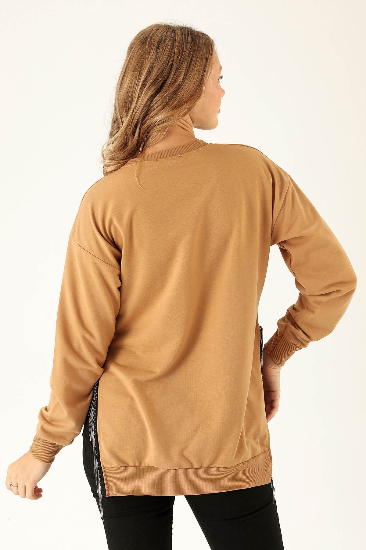 Yan Yırtmaç Zincirli Bayan Sweat - 0011 Camel