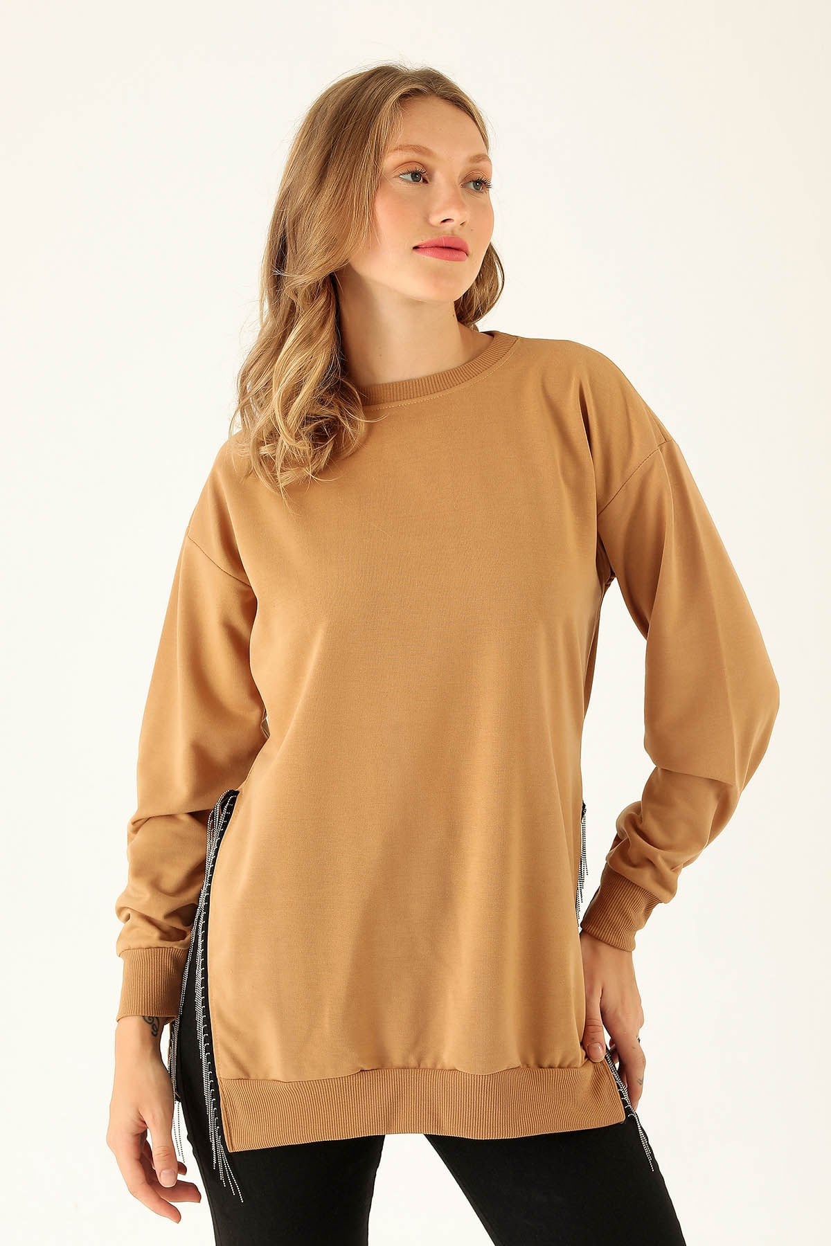 Yan Yırtmaç Zincirli Bayan Sweat - 0011 Camel