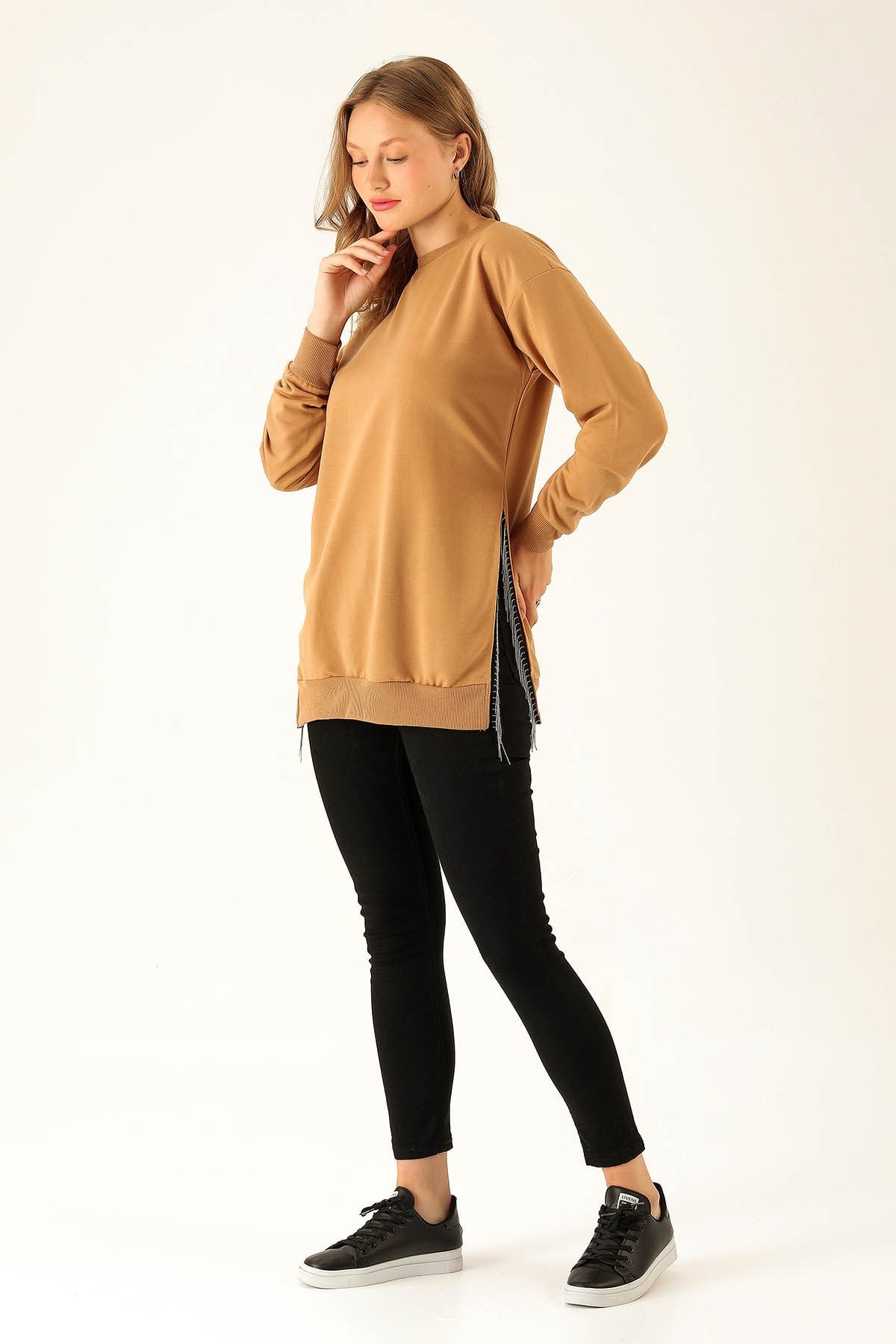Yan Yırtmaç Zincirli Bayan Sweat - 0011 Camel