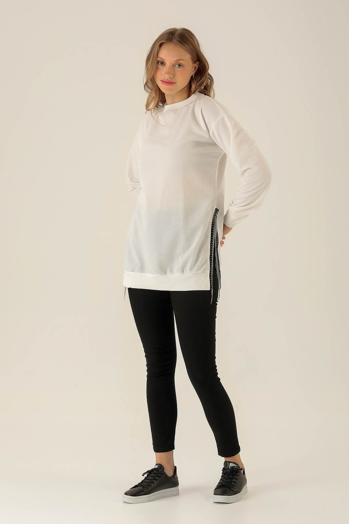 Yan Yırtmaç Zincirli Bayan Sweat - 0011 Ekru