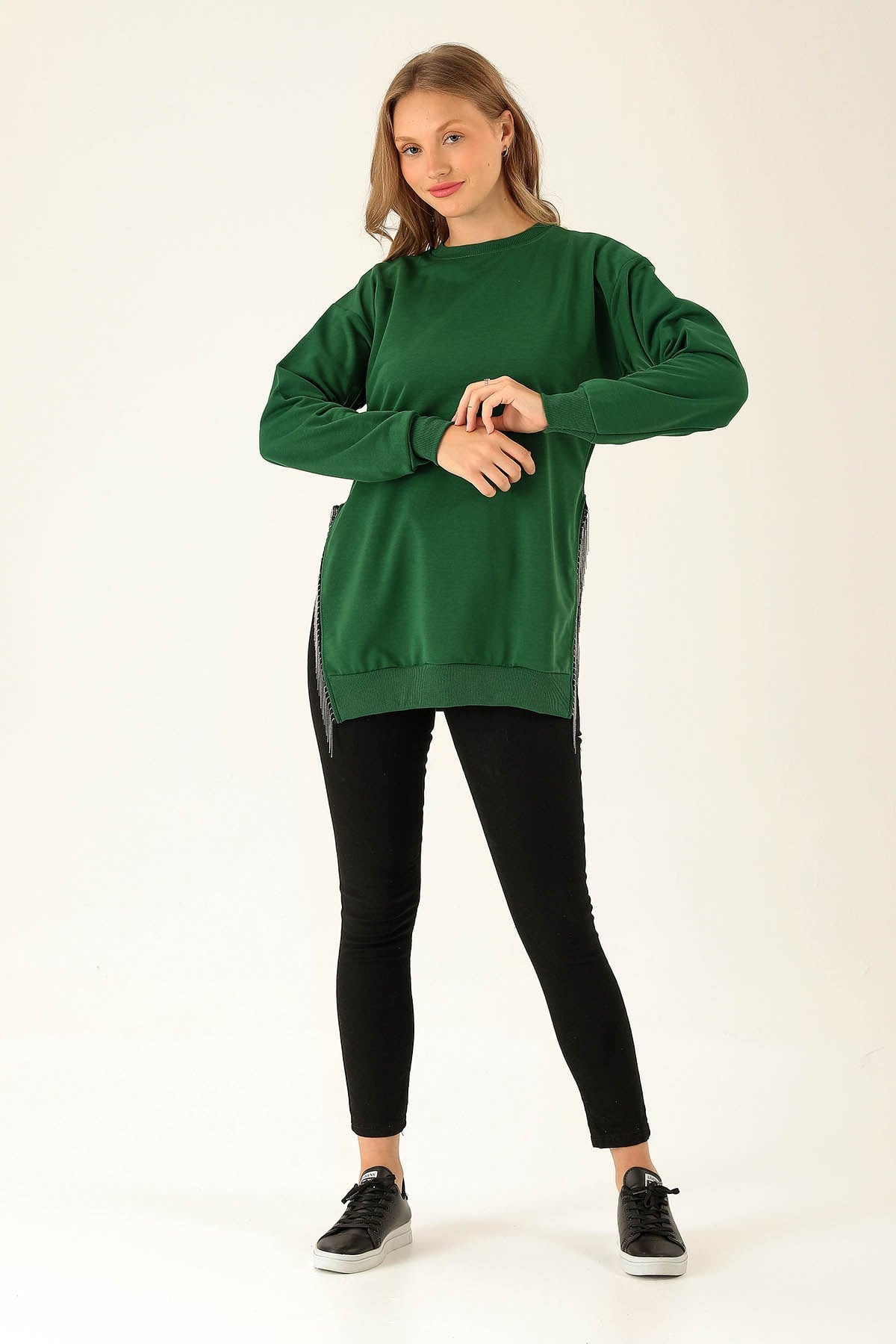 Yan Yırtmaç Zincirli Bayan Sweat - 0011 Benetton Yeşili