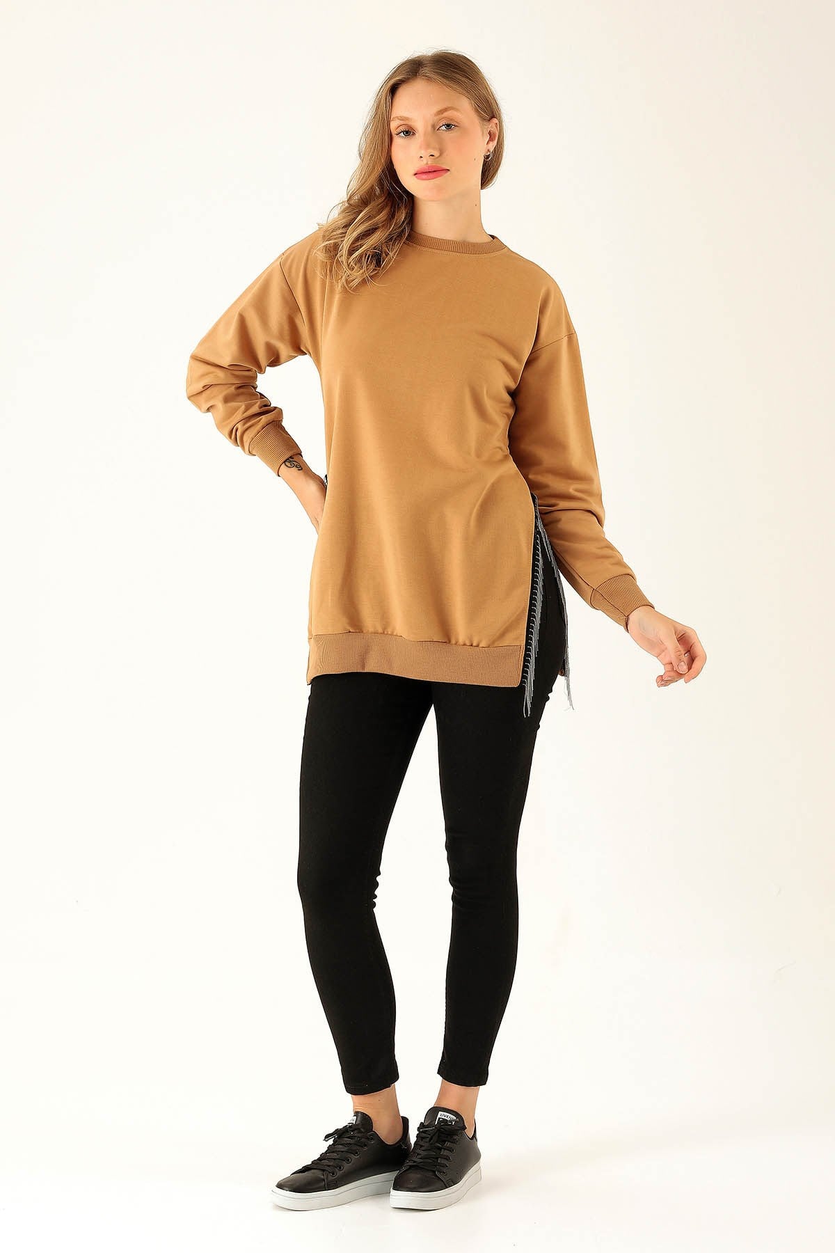 Yan Yırtmaç Zincirli Bayan Sweat - 0011 Camel