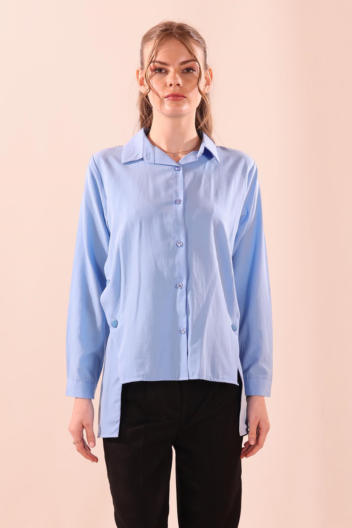 Yandan Çıtçıtlı Düğmeli Bayan Gömlek - 6508A Koyu Mavi