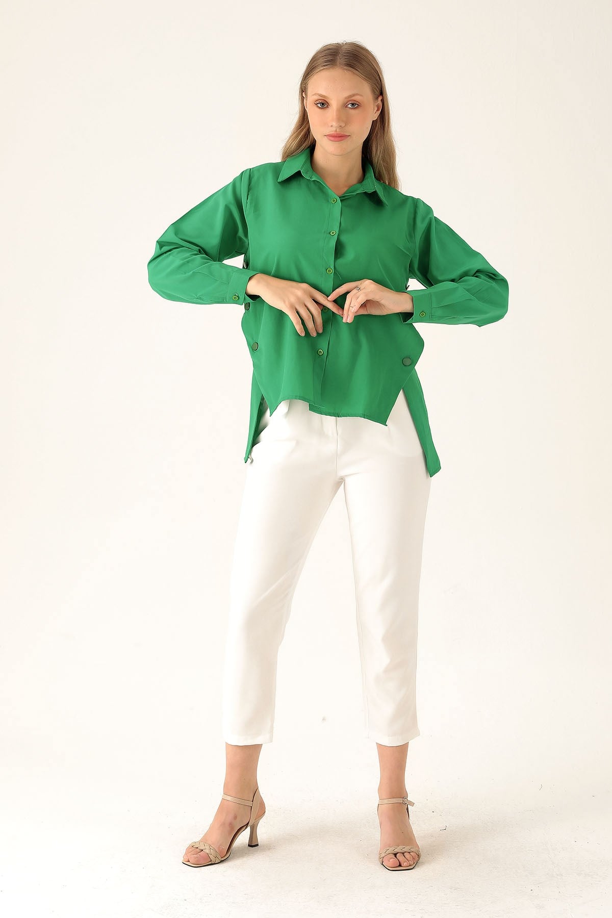 Yandan Çıtçıtlı Düğmeli Bayan Gömlek - 6508A Benetton Yeşili