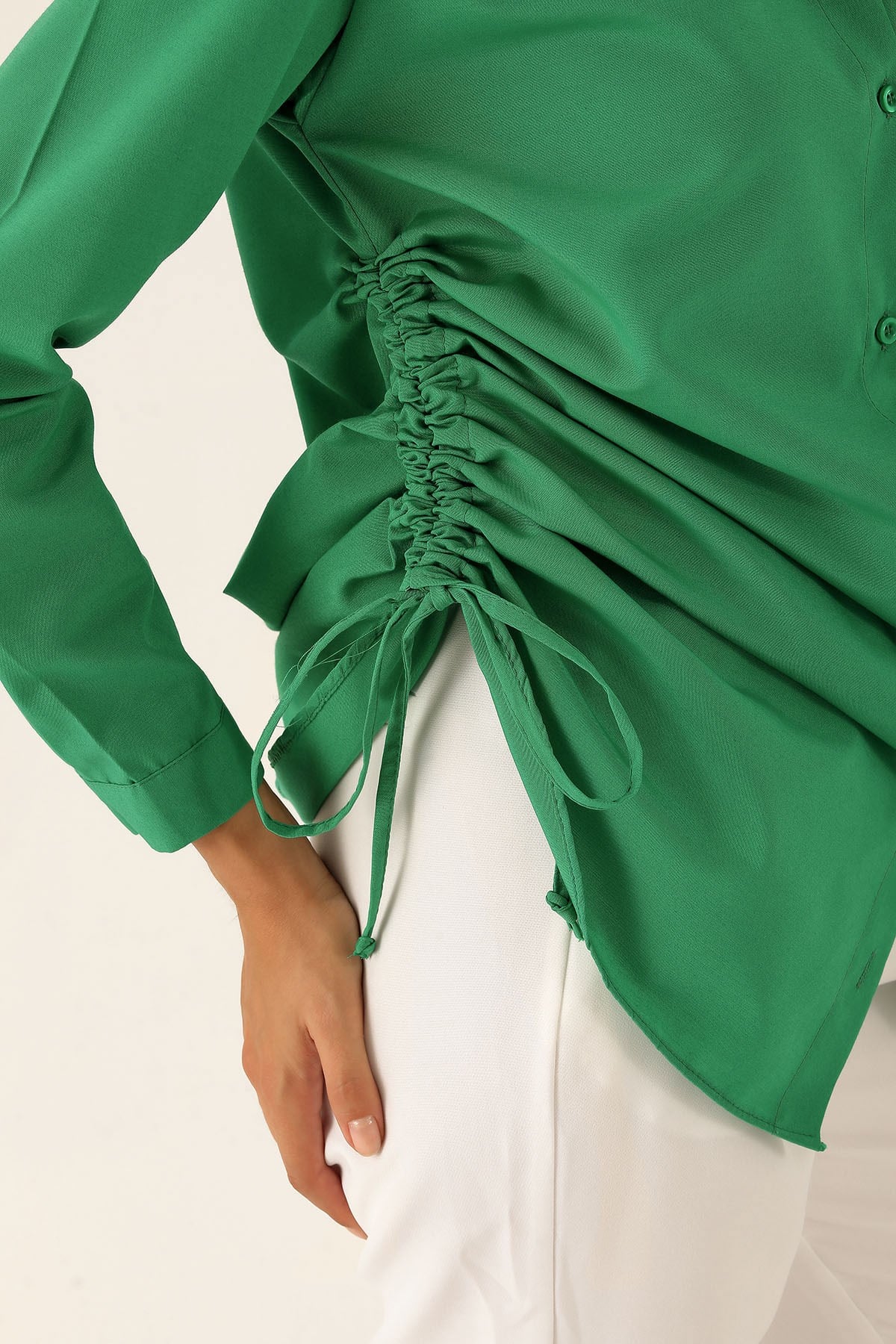 Yanları Büzgülü Bayan Gömlek - 6428A Benetton Yeşili