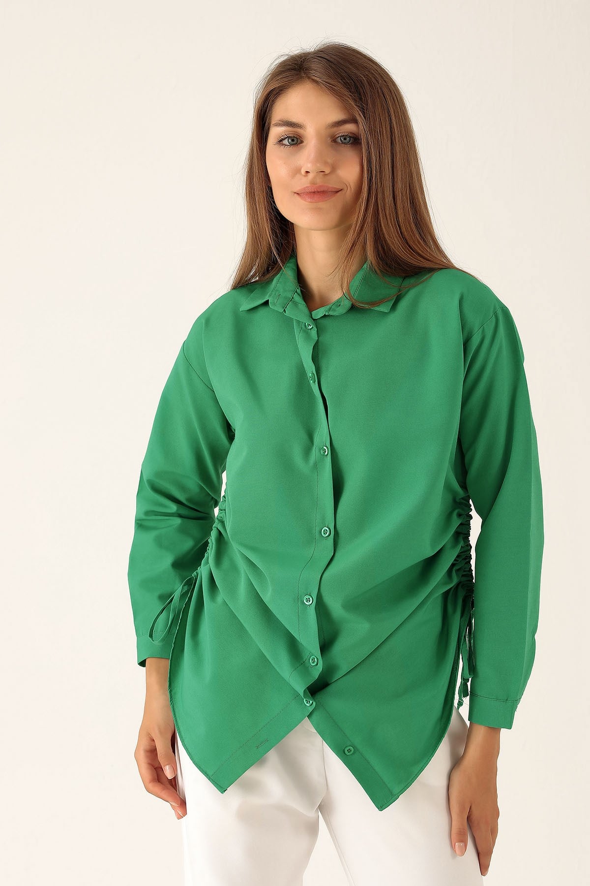 Yanları Büzgülü Bayan Gömlek - 6428A Benetton Yeşili
