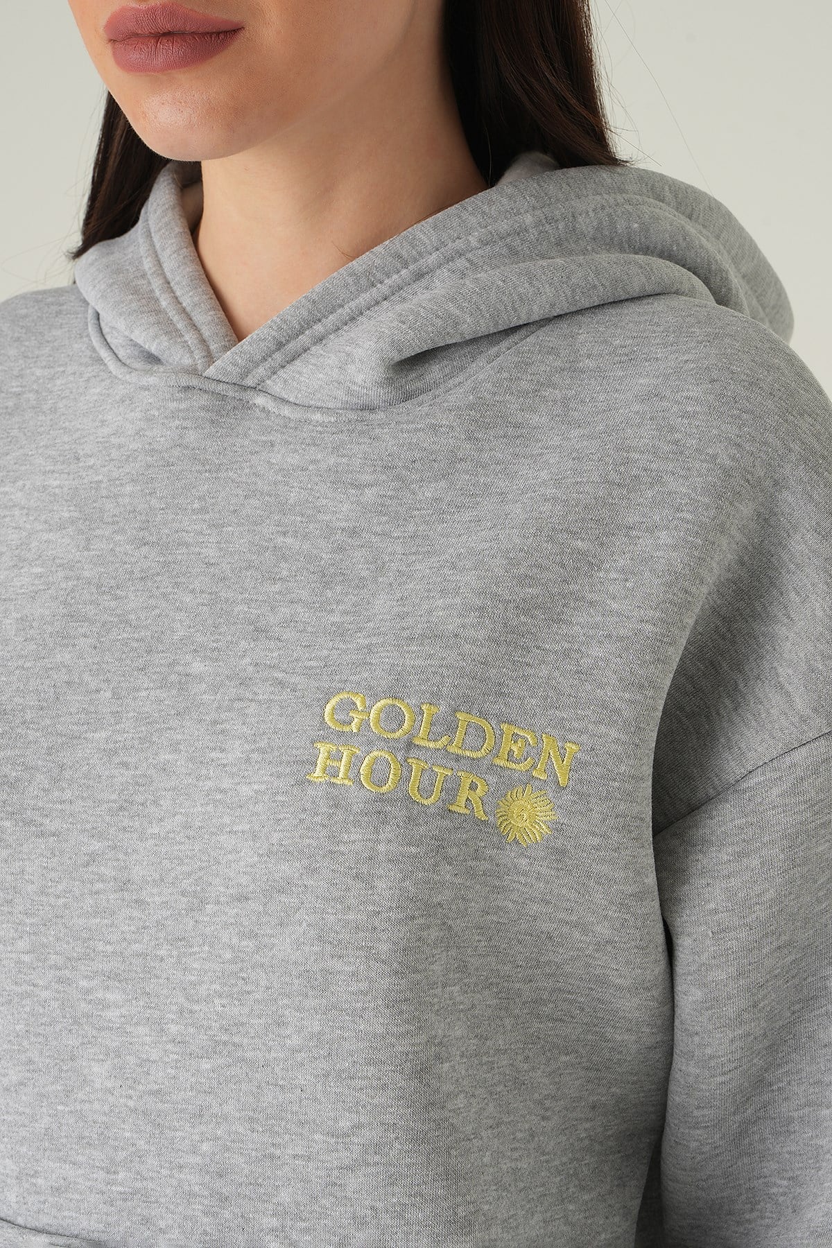 Yazı Nakışlı Kapüşonlu Sweat Gri 0308